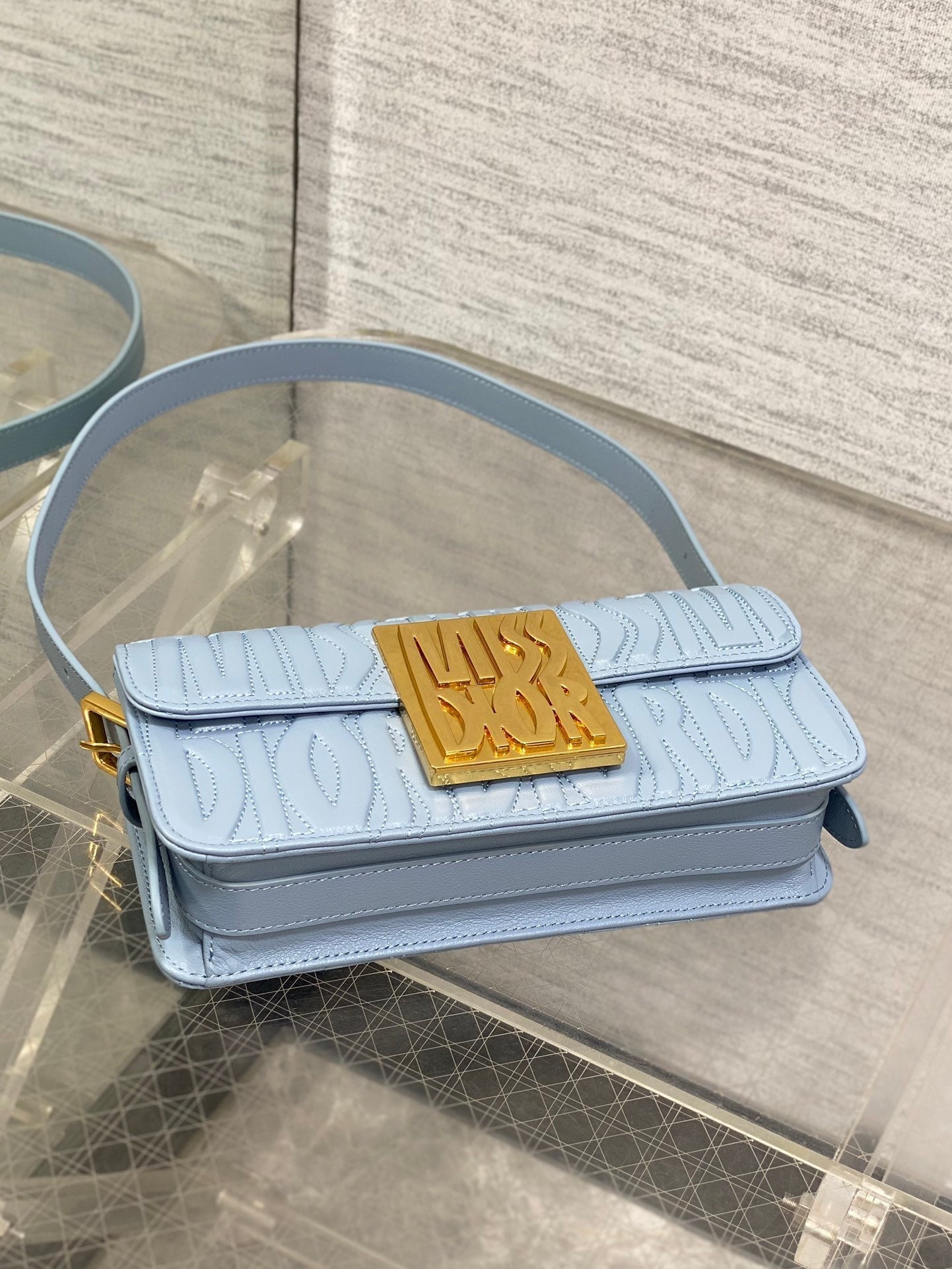 DIOR FLAP BAG 18 IN BABY BLUE QUILTED ALLOVER CALFSKIN
