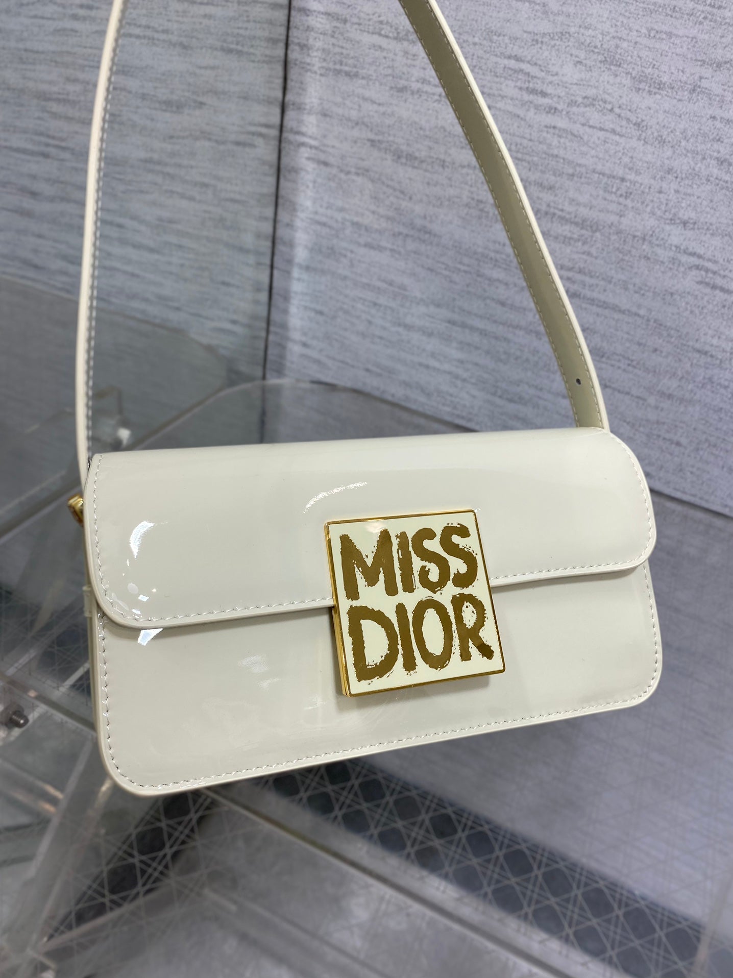DIOR FLAP BAG 18 IN WHITE PATENT CALFSKIN