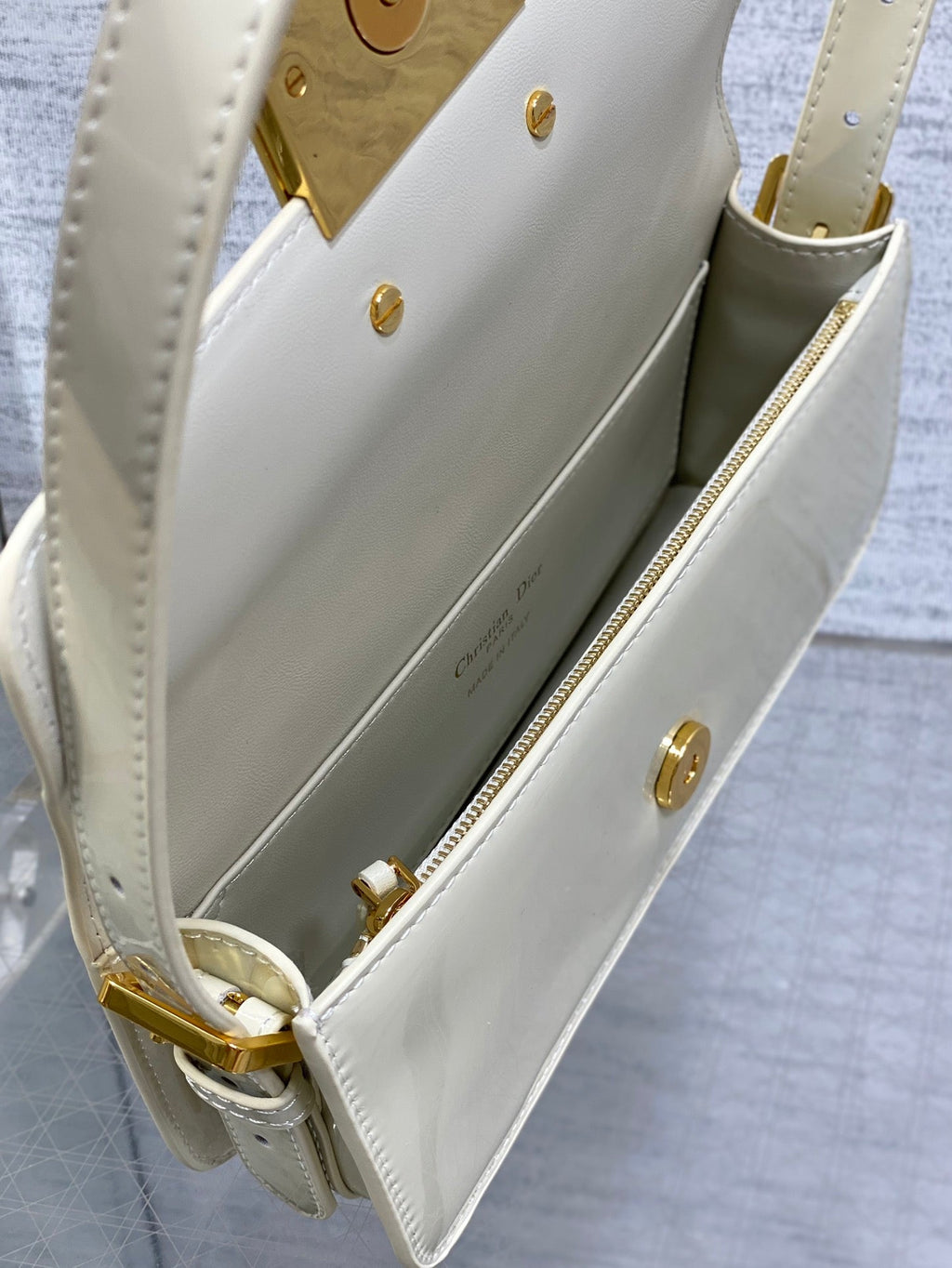 DIOR FLAP BAG 18 IN WHITE PATENT CALFSKIN