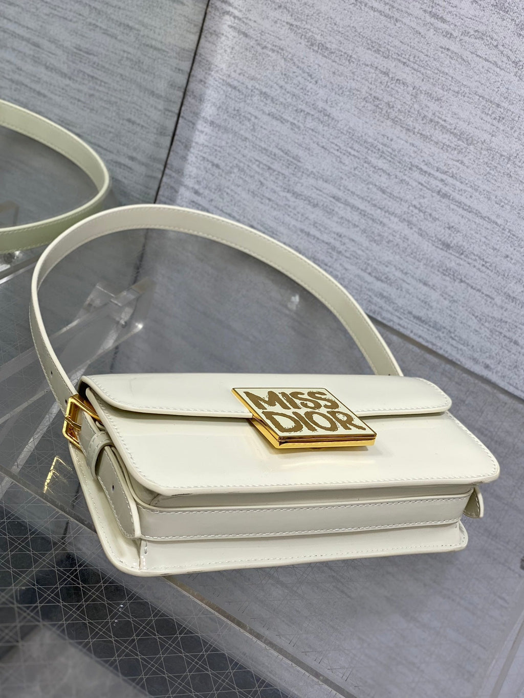 DIOR FLAP BAG 18 IN WHITE PATENT CALFSKIN