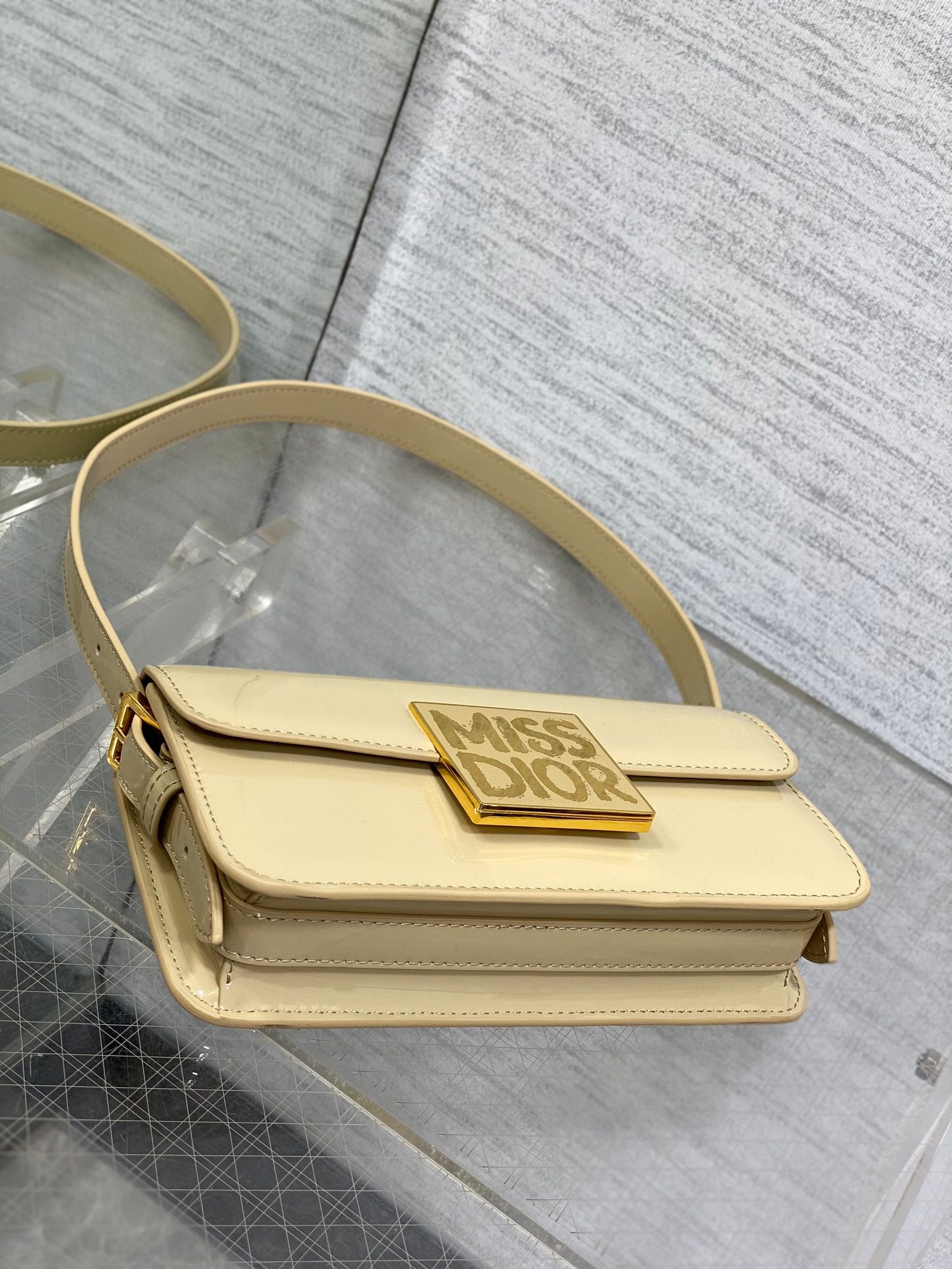 DIOR FLAP BAG 18 IN WHEAT TAN PATENT CALFSKIN