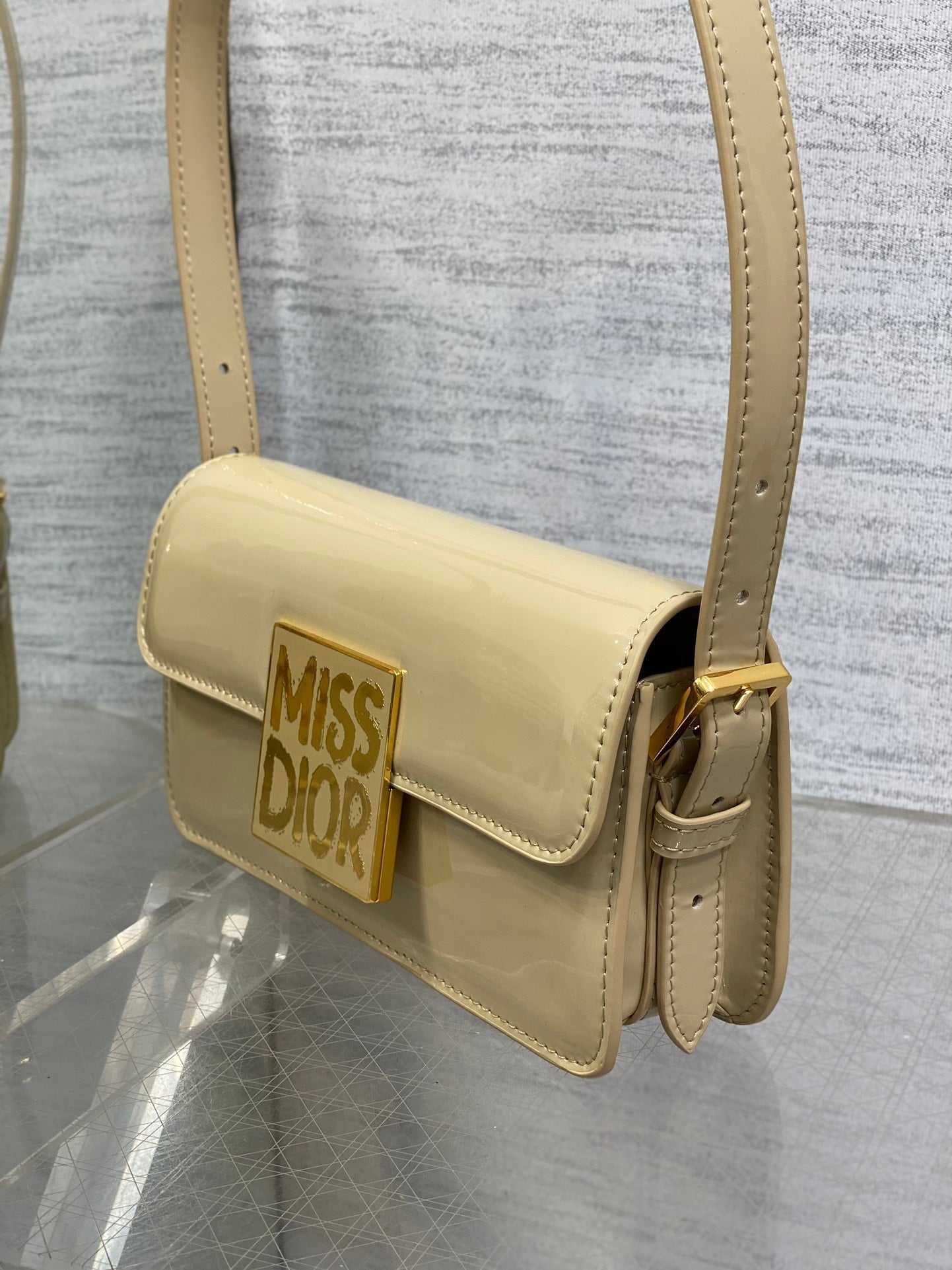 DIOR FLAP BAG 18 IN WHEAT TAN PATENT CALFSKIN
