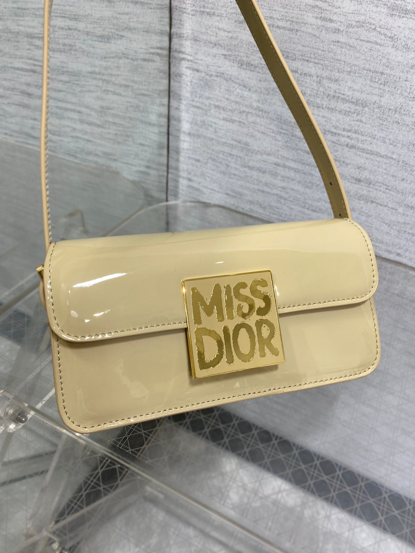 DIOR FLAP BAG 18 IN WHEAT TAN PATENT CALFSKIN