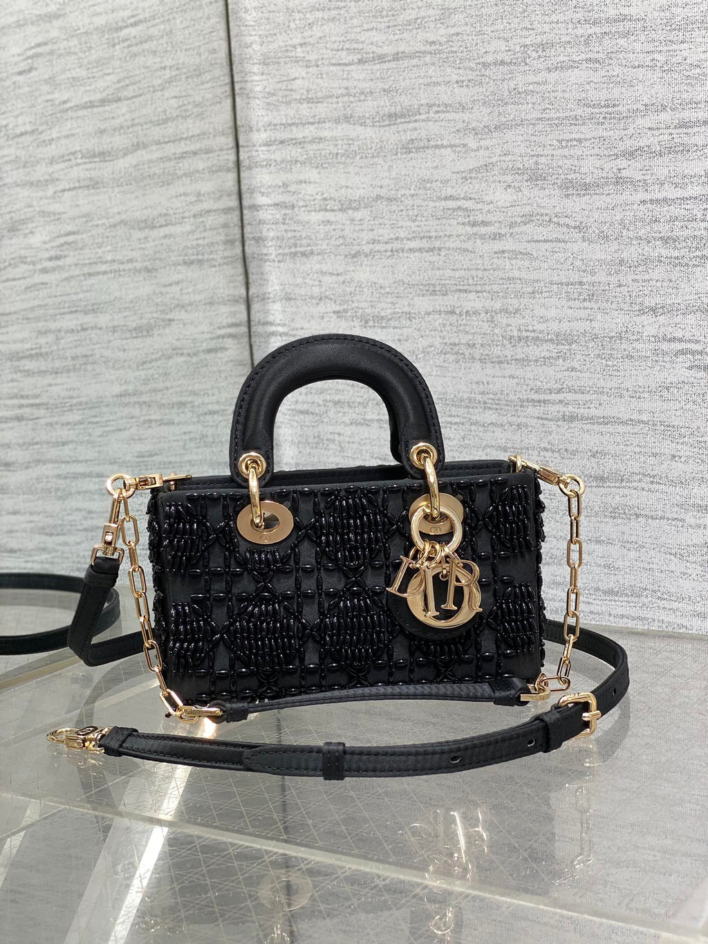 DIOR MINI LADY BAG 16 IN BLACK SATIN AND CALFSKIN WITH BEADED DESIGN
