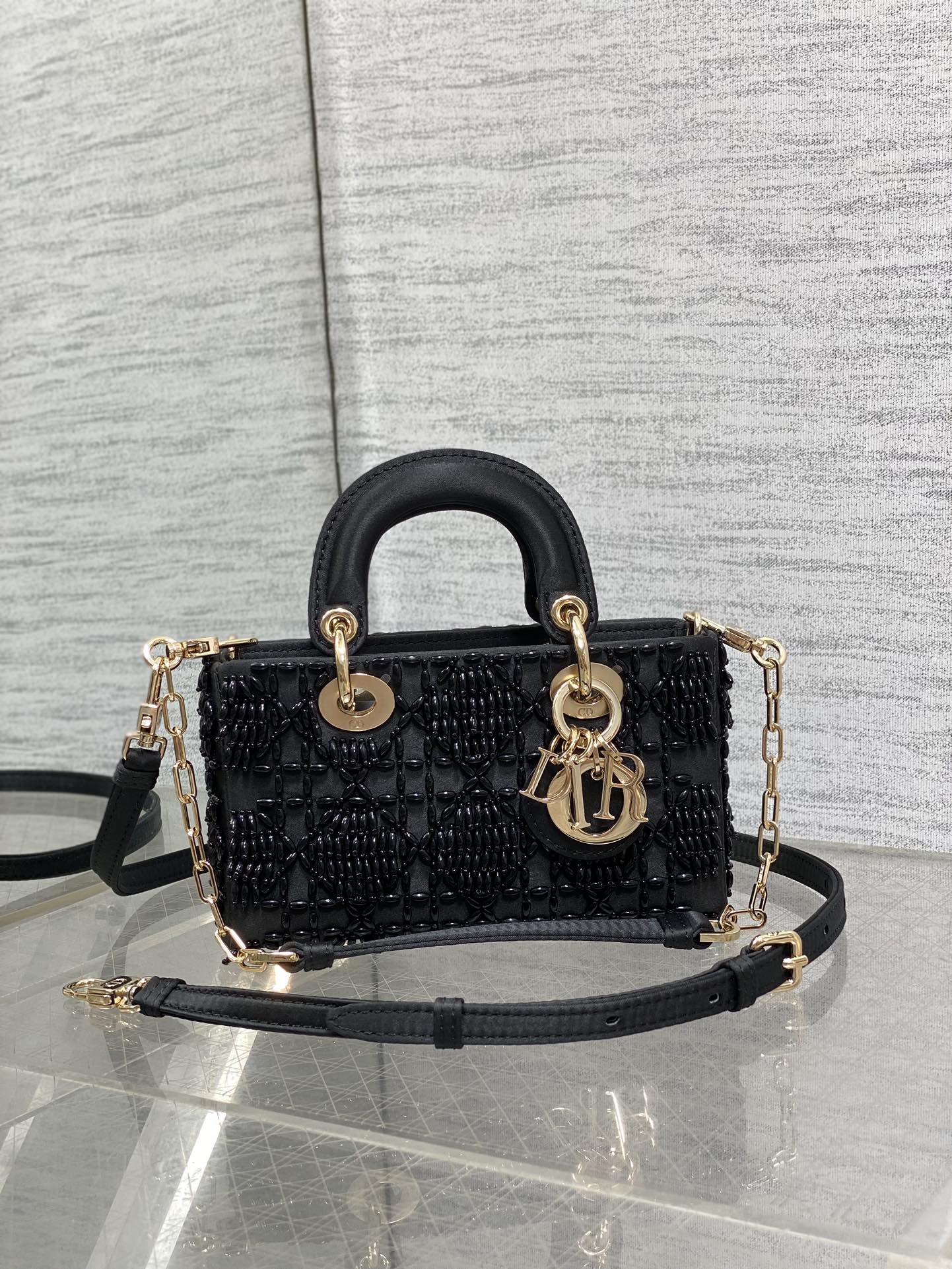 DIOR MINI LADY BAG 16 IN BLACK SATIN AND CALFSKIN WITH BEADED DESIGN
