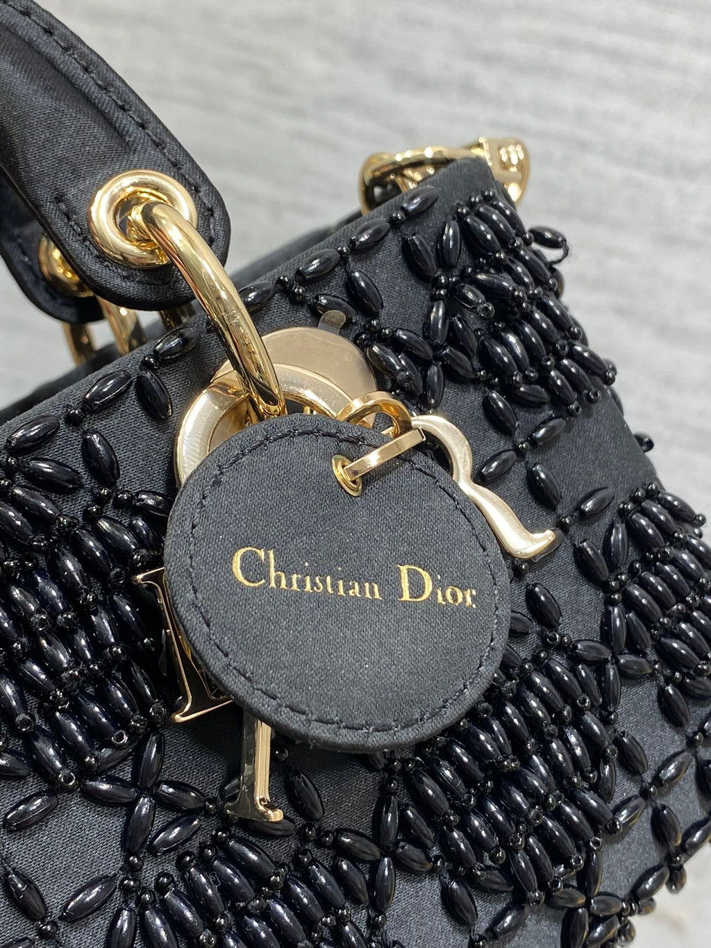 DIOR MINI LADY BAG 16 IN BLACK SATIN AND CALFSKIN WITH BEADED DESIGN