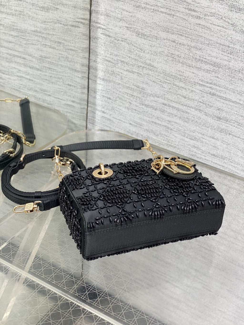 DIOR MINI LADY BAG 16 IN BLACK SATIN AND CALFSKIN WITH BEADED DESIGN