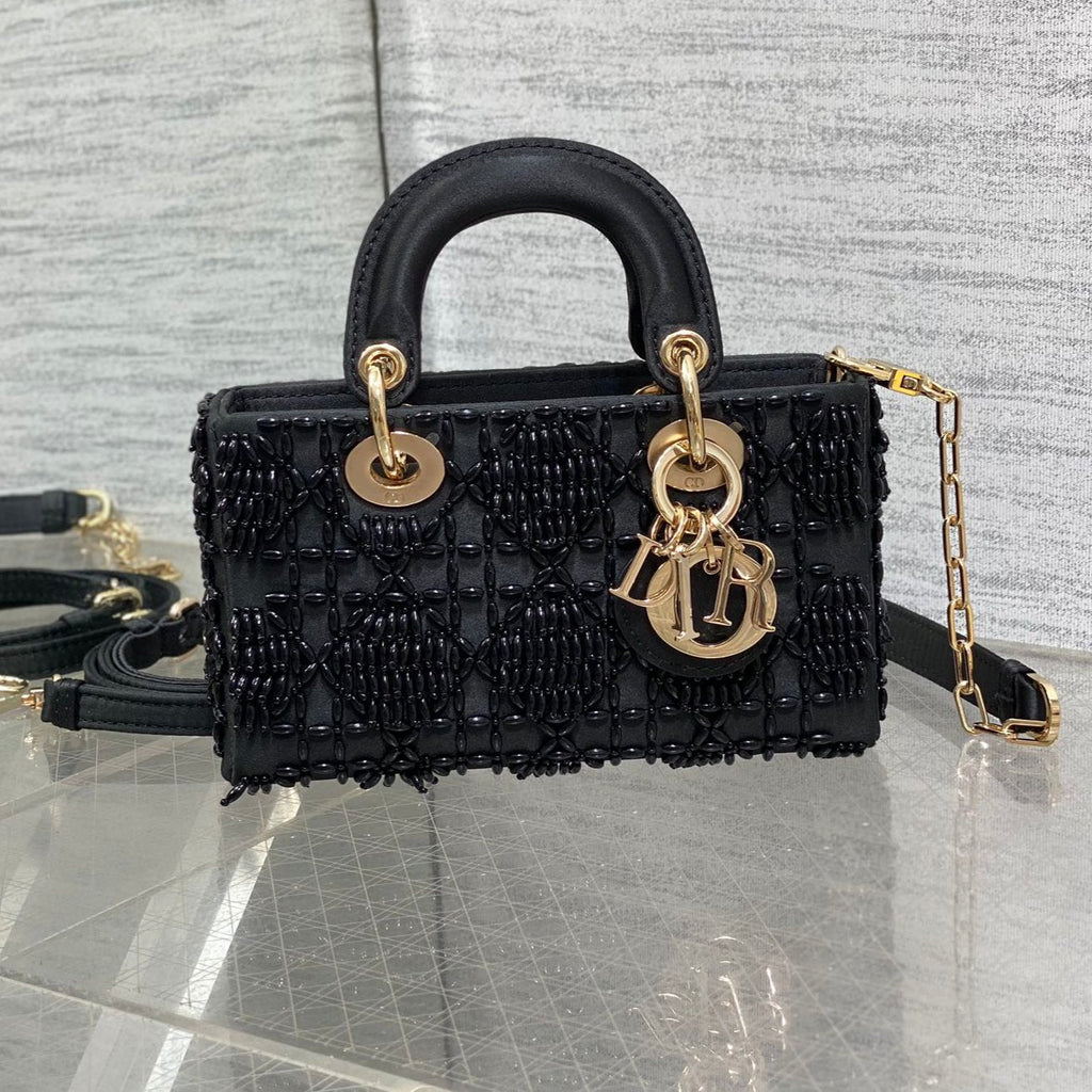 DIOR MINI LADY BAG 16 IN BLACK SATIN AND CALFSKIN WITH BEADED DESIGN