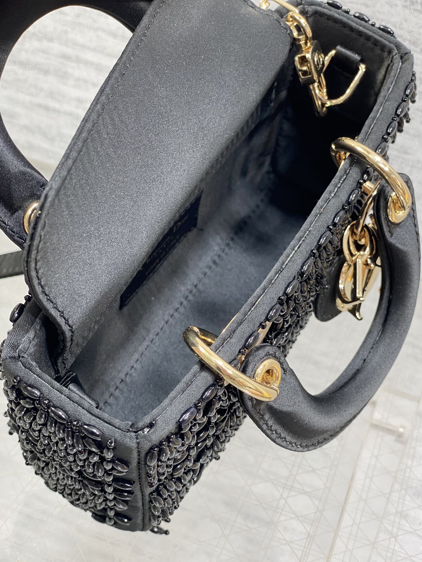 DIOR MINI LADY BAG 16 IN BLACK SATIN AND CALFSKIN WITH BEADED DESIGN