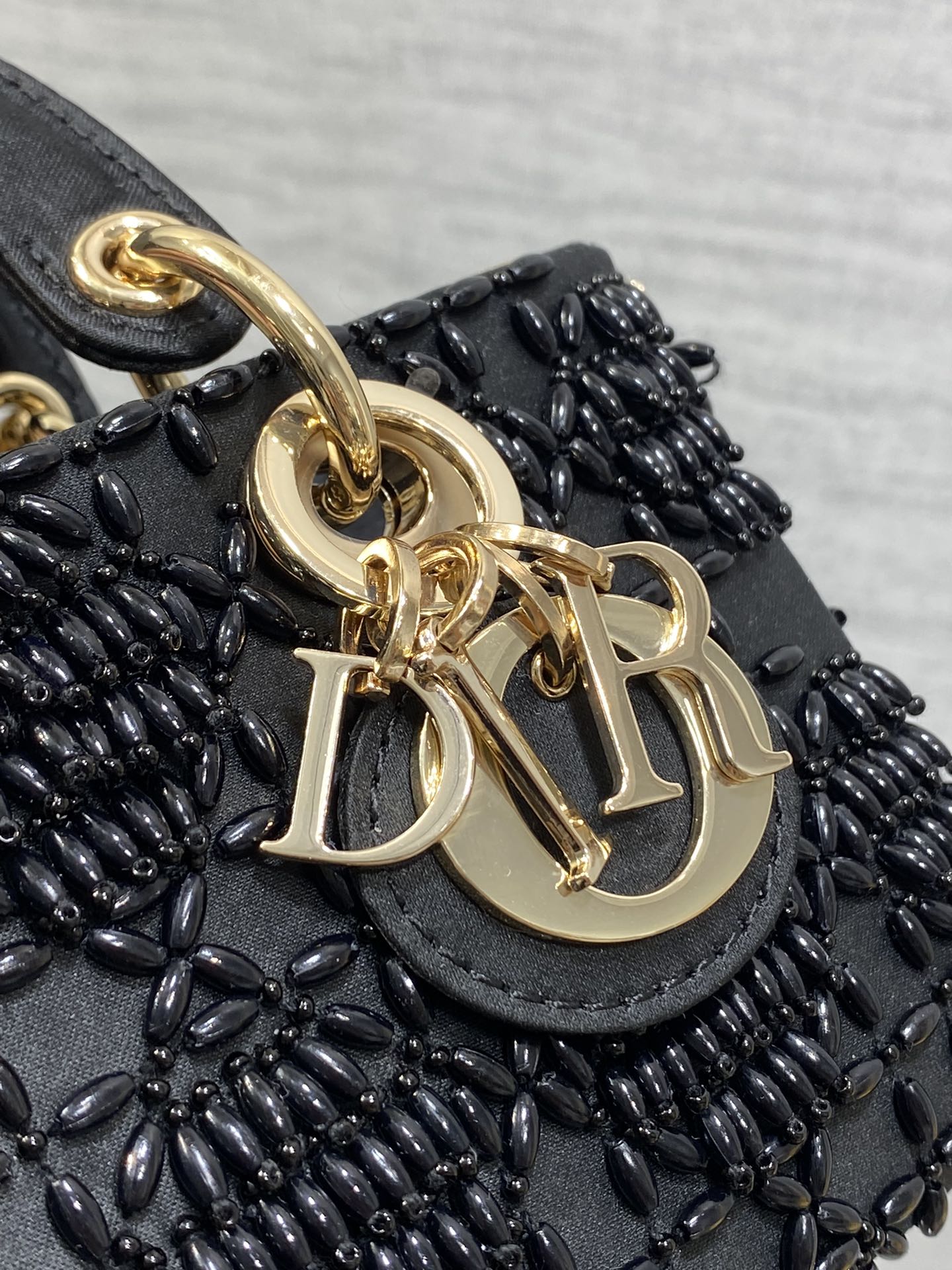 DIOR MINI LADY BAG 16 IN BLACK SATIN AND CALFSKIN WITH BEADED DESIGN