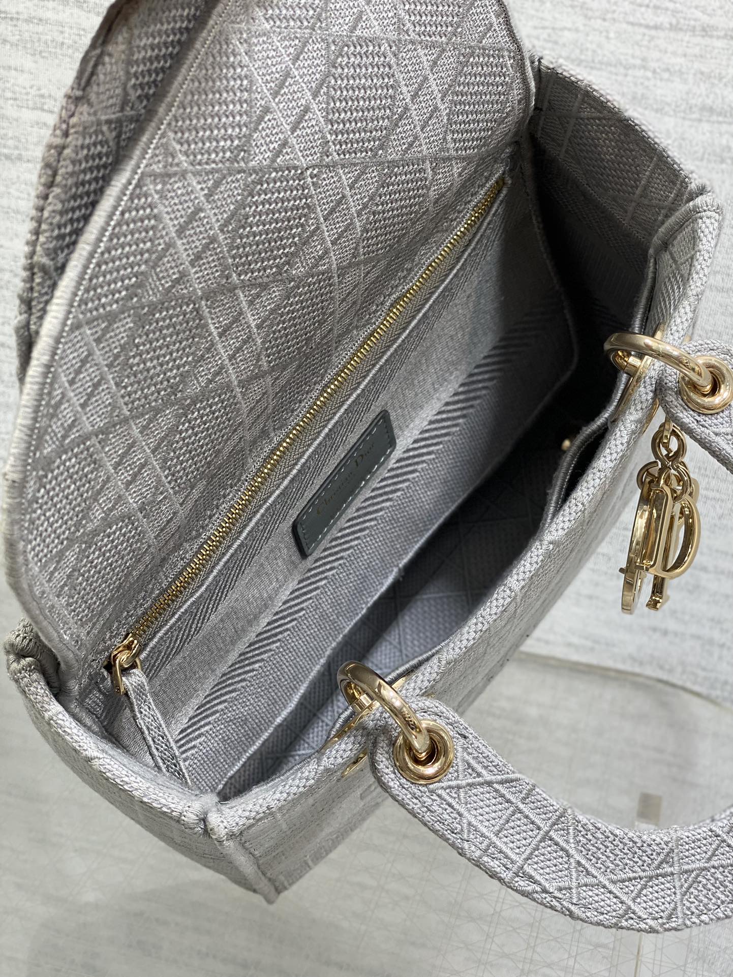 DIOR SMALL 24 LADY BAG IN PALE GRAY CANVAS