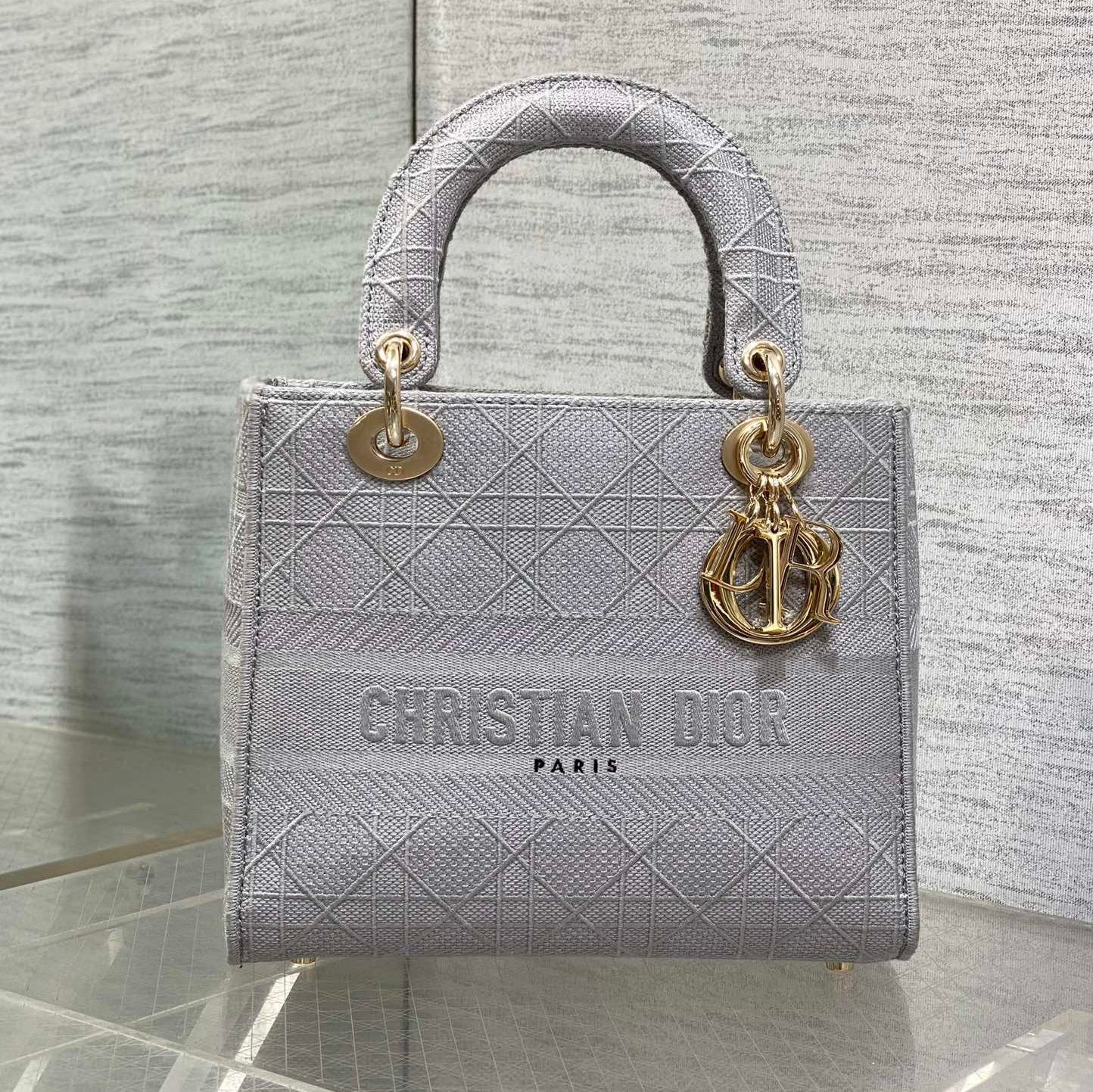 DIOR SMALL 24 LADY BAG IN PALE GRAY CANVAS