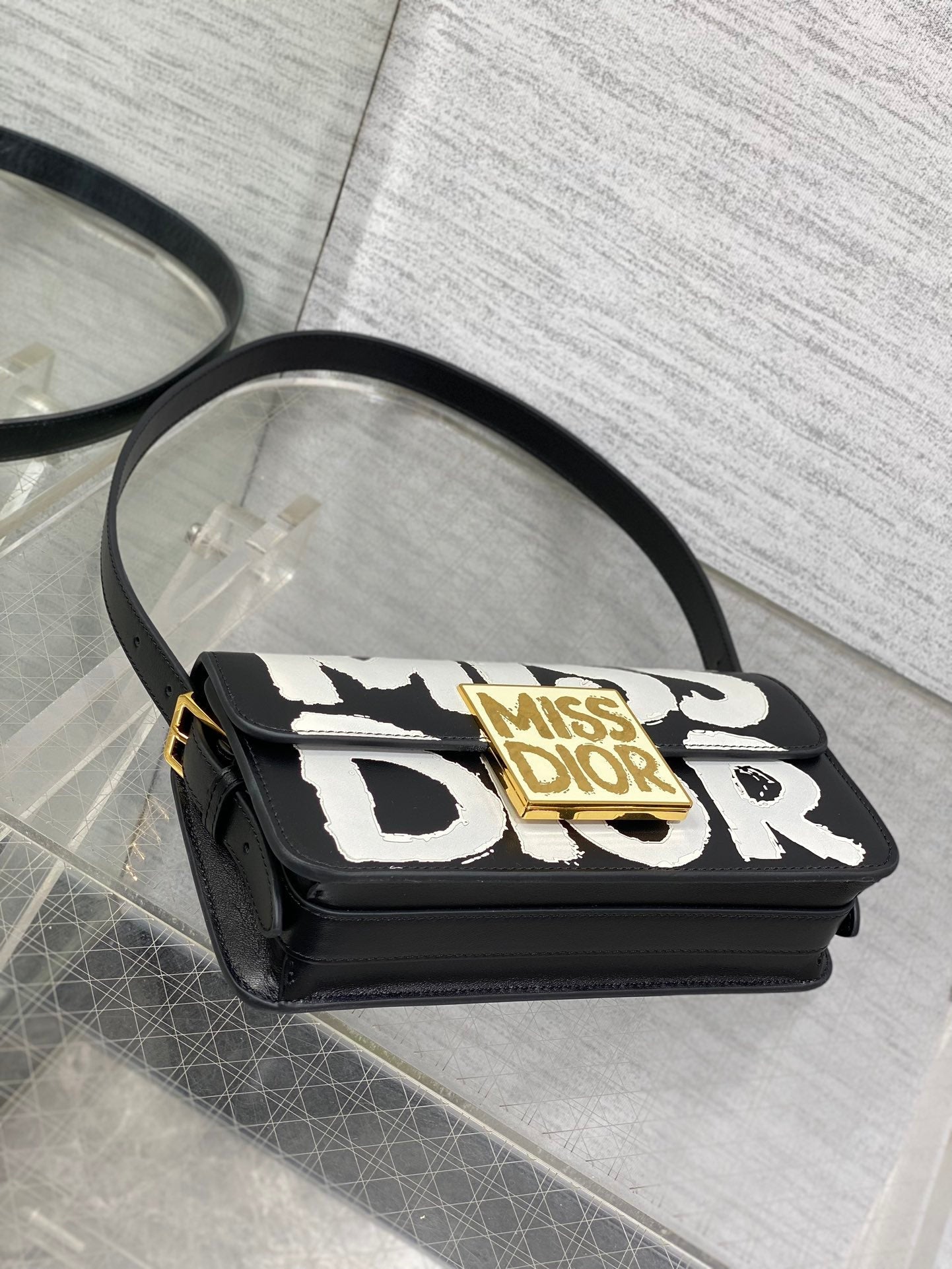 DIOR SMALL 22 FLAP BAG IN BLACK MIX WHITE LAMBSKIN WITH GOLD HARDWARE