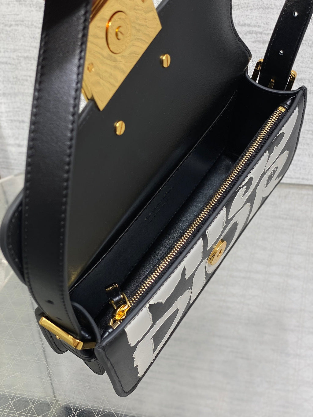 DIOR SMALL 22 FLAP BAG IN BLACK MIX WHITE LAMBSKIN WITH GOLD HARDWARE
