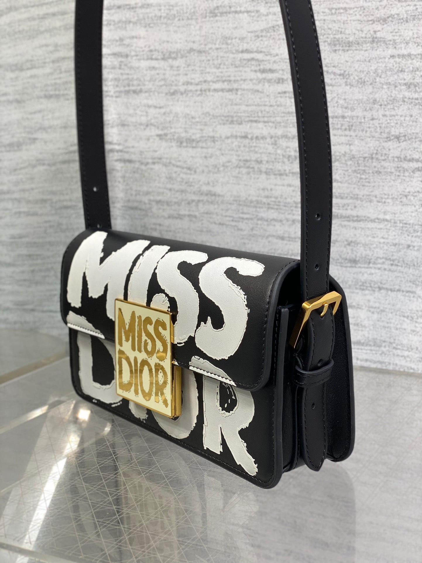 DIOR SMALL 22 FLAP BAG IN BLACK MIX WHITE LAMBSKIN WITH GOLD HARDWARE