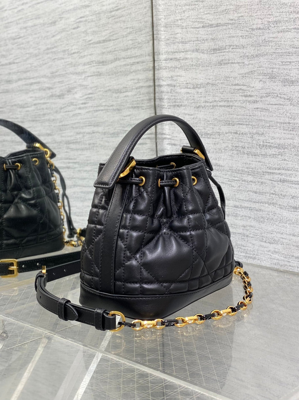 DIOR SMALL 18 JOLIE BUCKET BAG BLACK MACROCANNAGE LAMBSKIN
