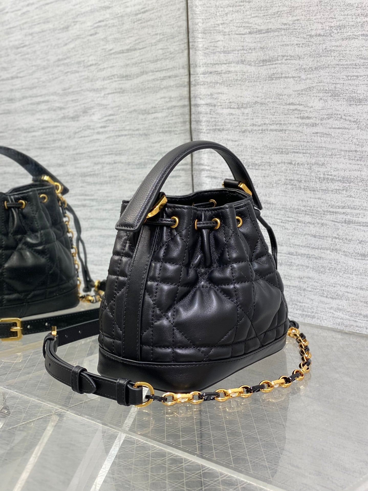 DIOR SMALL 18 JOLIE BUCKET BAG BLACK MACROCANNAGE LAMBSKIN