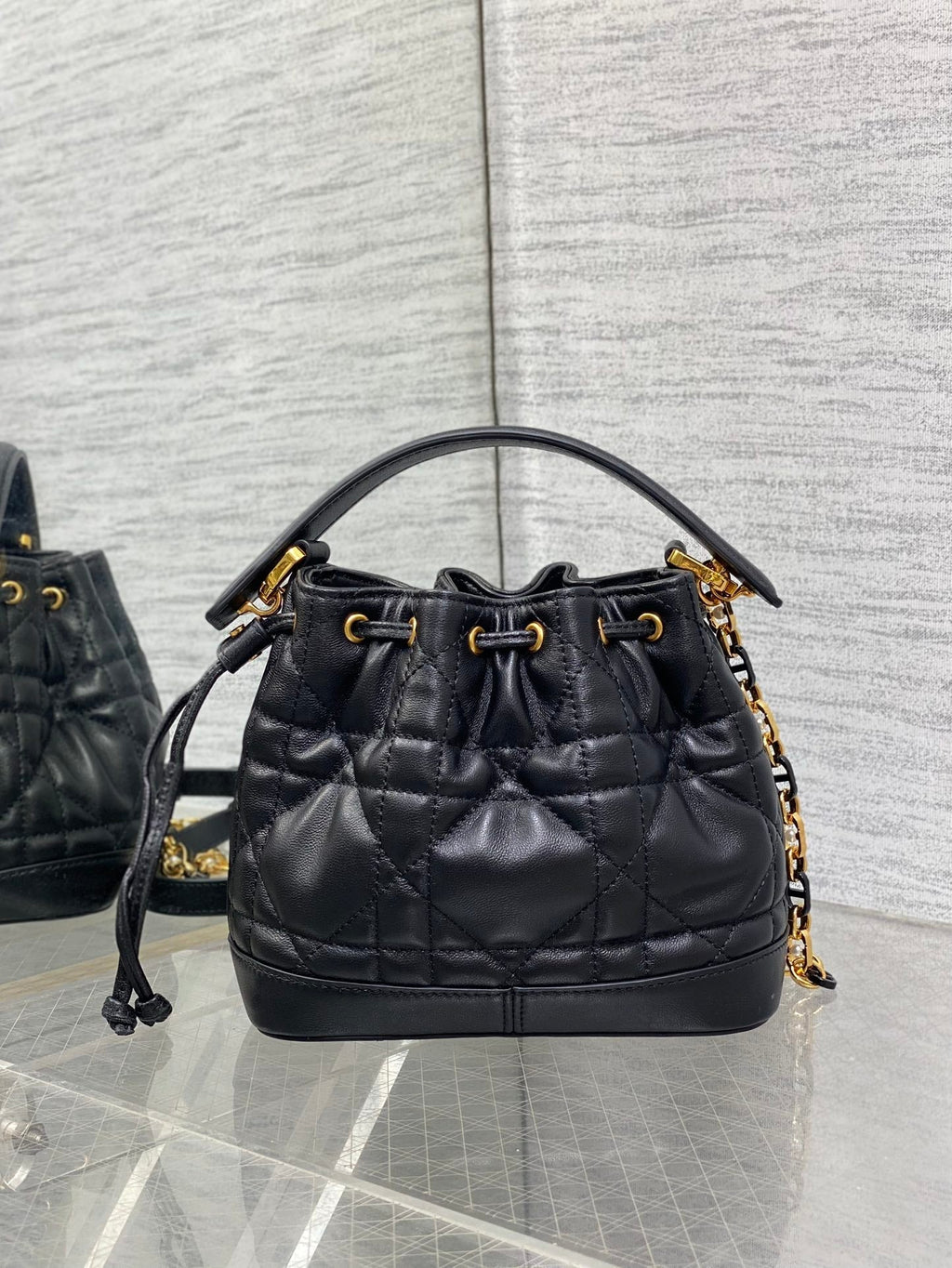 DIOR SMALL 18 JOLIE BUCKET BAG BLACK MACROCANNAGE LAMBSKIN