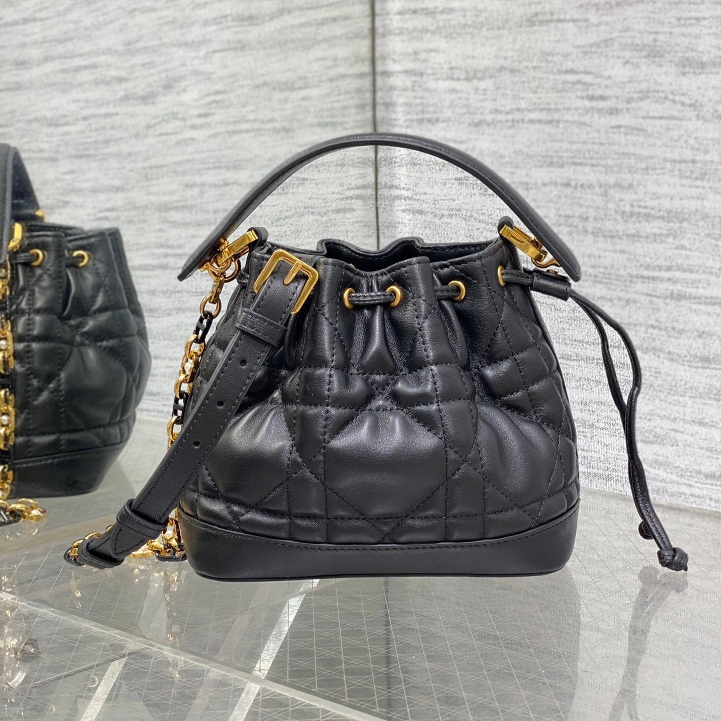 DIOR SMALL 18 JOLIE BUCKET BAG BLACK MACROCANNAGE LAMBSKIN