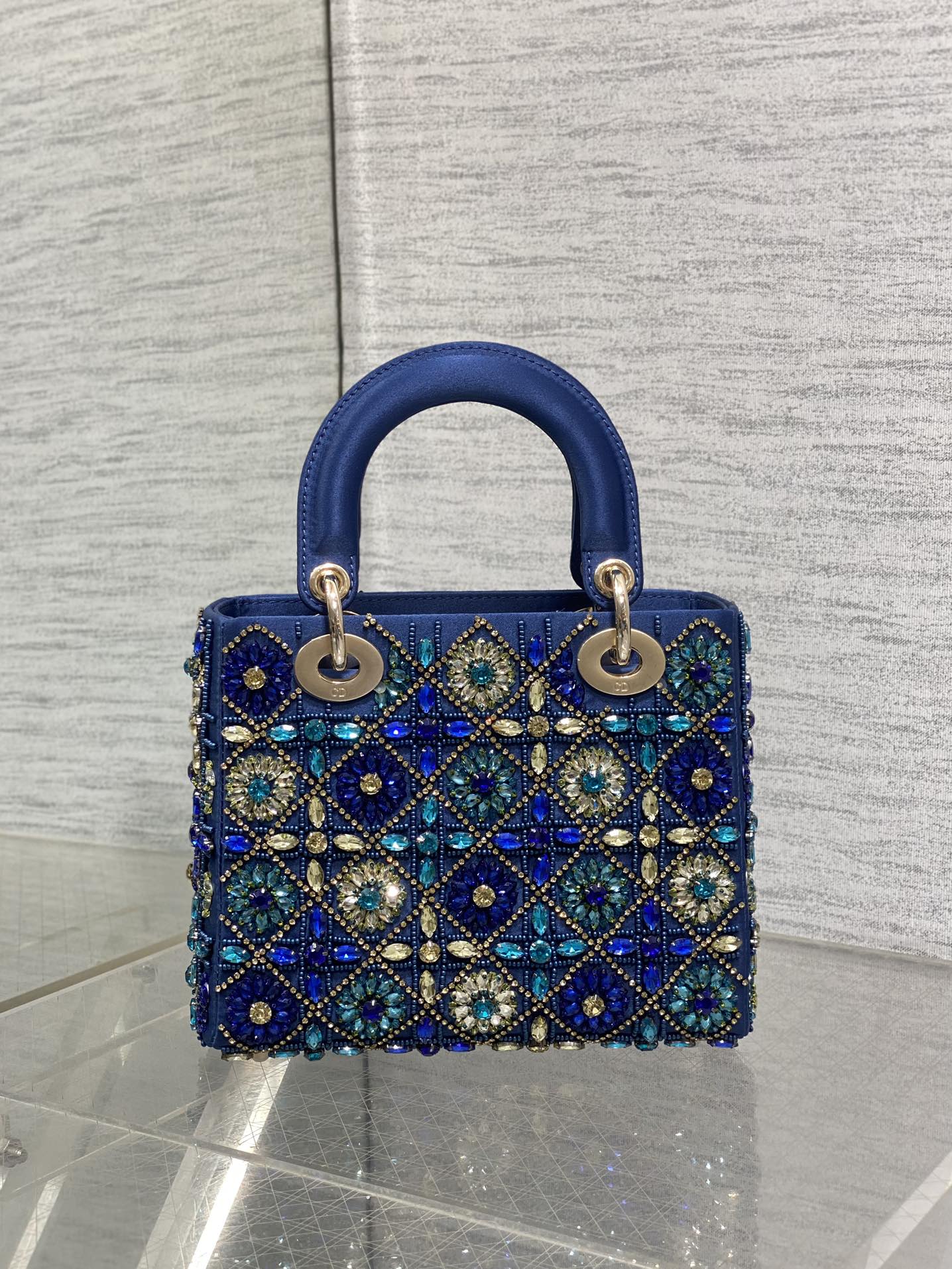 DIOR MINI 20 LADY BAG IN COBALT BLUE SATIN WITH COLORFUL EMBROIDERED BEADWORK