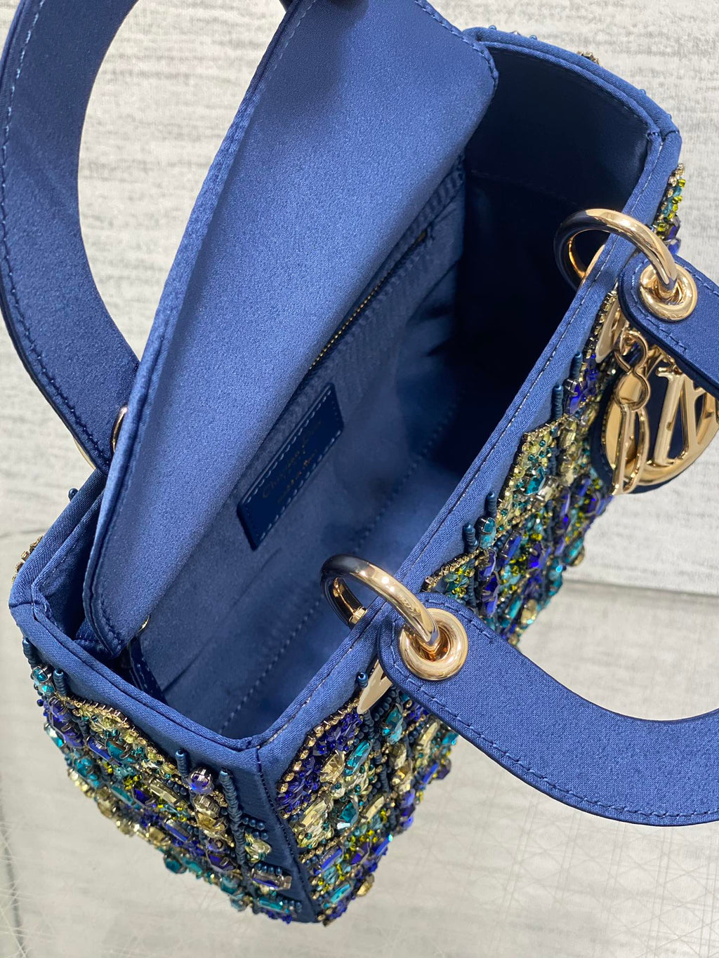 DIOR MINI 20 LADY BAG IN COBALT BLUE SATIN WITH COLORFUL EMBROIDERED BEADWORK