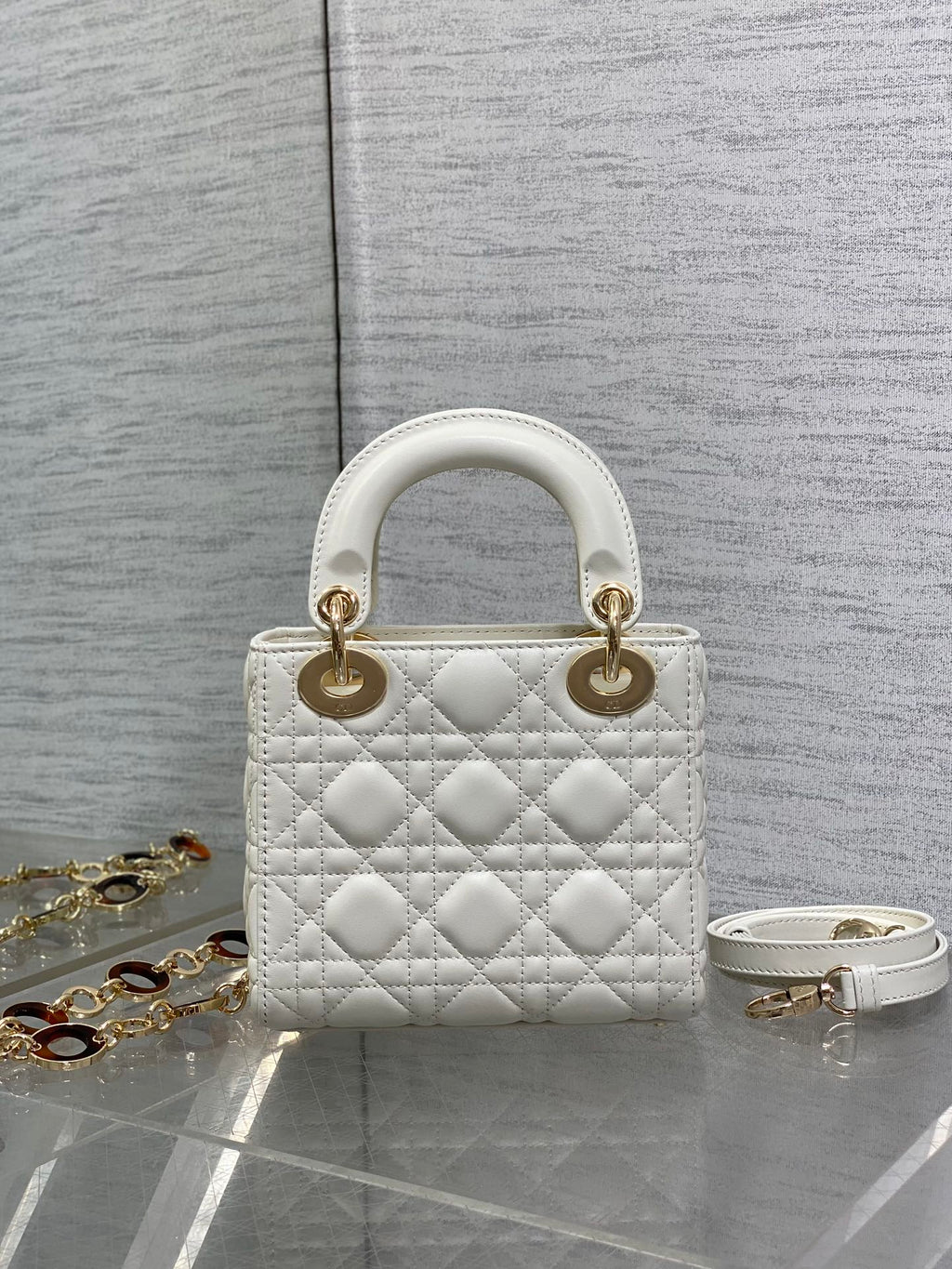 DIOR MINI 17 LADY BAG IN WHITE MACROCANNAGE LAMBSKIN WITH GOLD HARDWARE