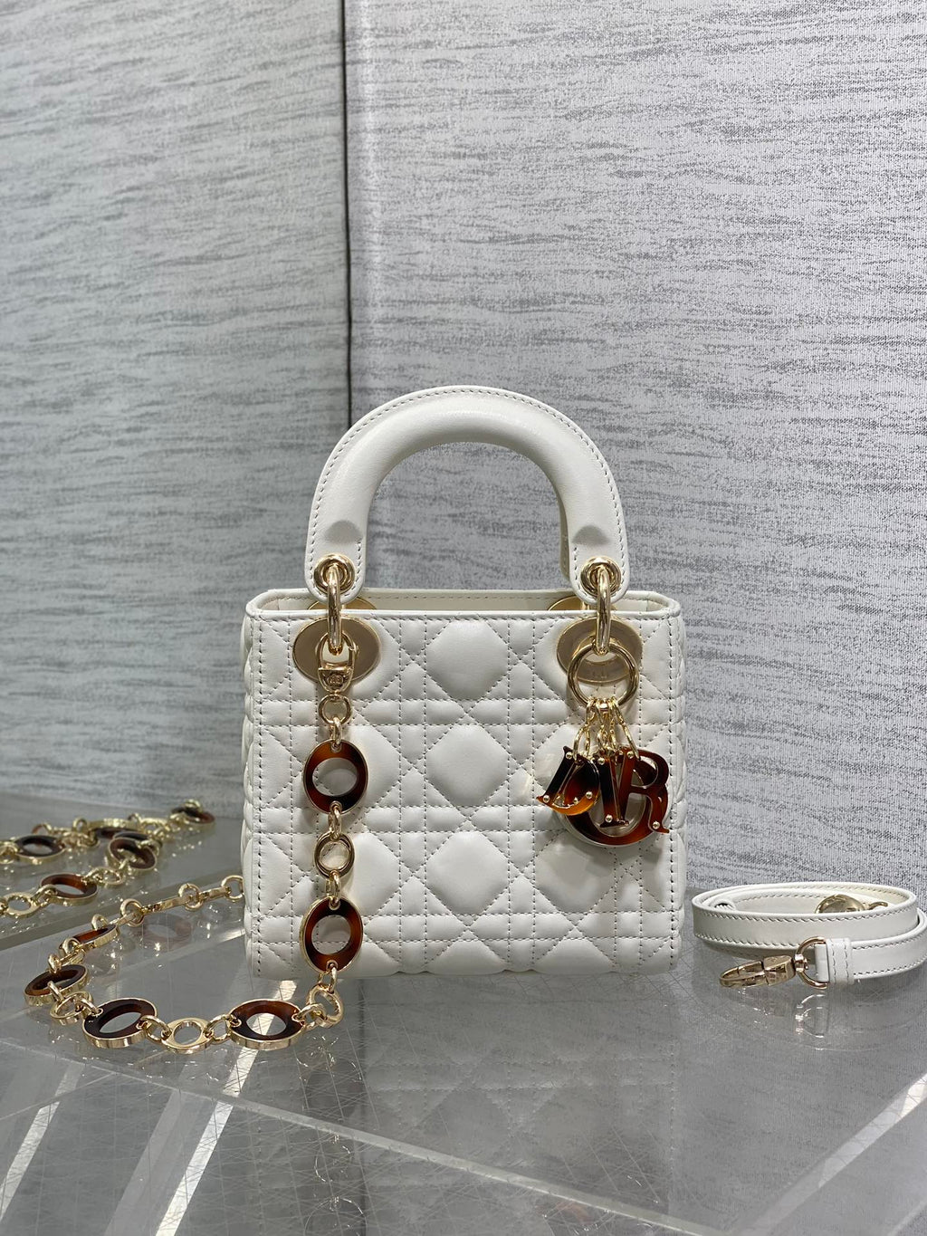 DIOR MINI 17 LADY BAG IN WHITE MACROCANNAGE LAMBSKIN WITH GOLD HARDWARE