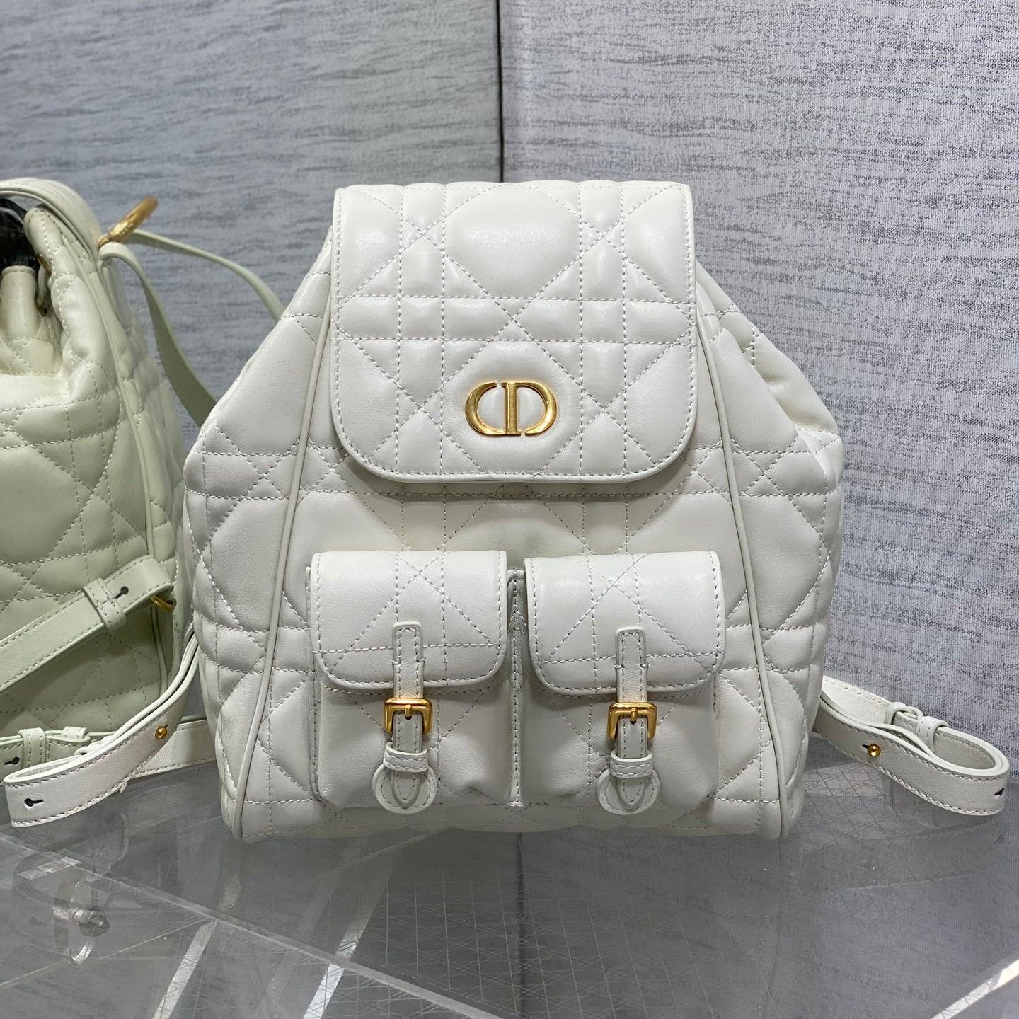DIOR SMALL 23 CARO BACKPACK IN WHITE MACROCANNAGE LAMBSKIN