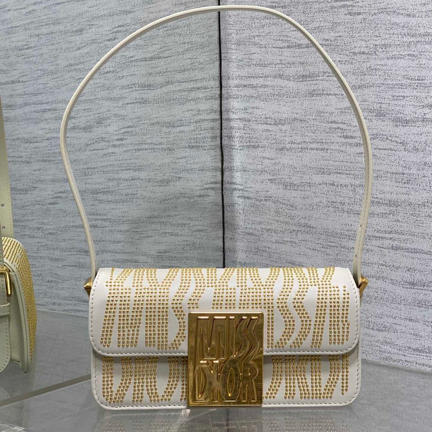 DIOR MINI 18 FLAP BAG IN WHITE LAMBSKIN WITH GOLD RHINSTONES