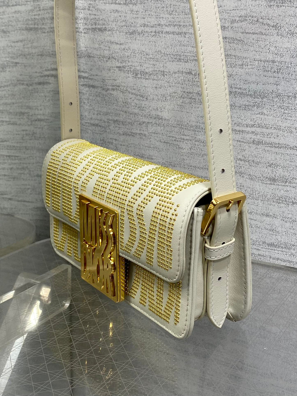 DIOR MINI 18 FLAP BAG IN WHITE LAMBSKIN WITH GOLD RHINSTONES