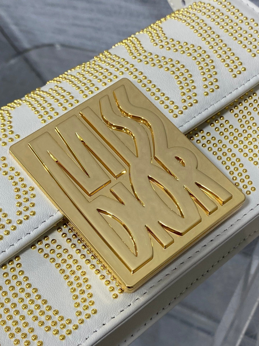 DIOR MINI 18 FLAP BAG IN WHITE LAMBSKIN WITH GOLD RHINSTONES