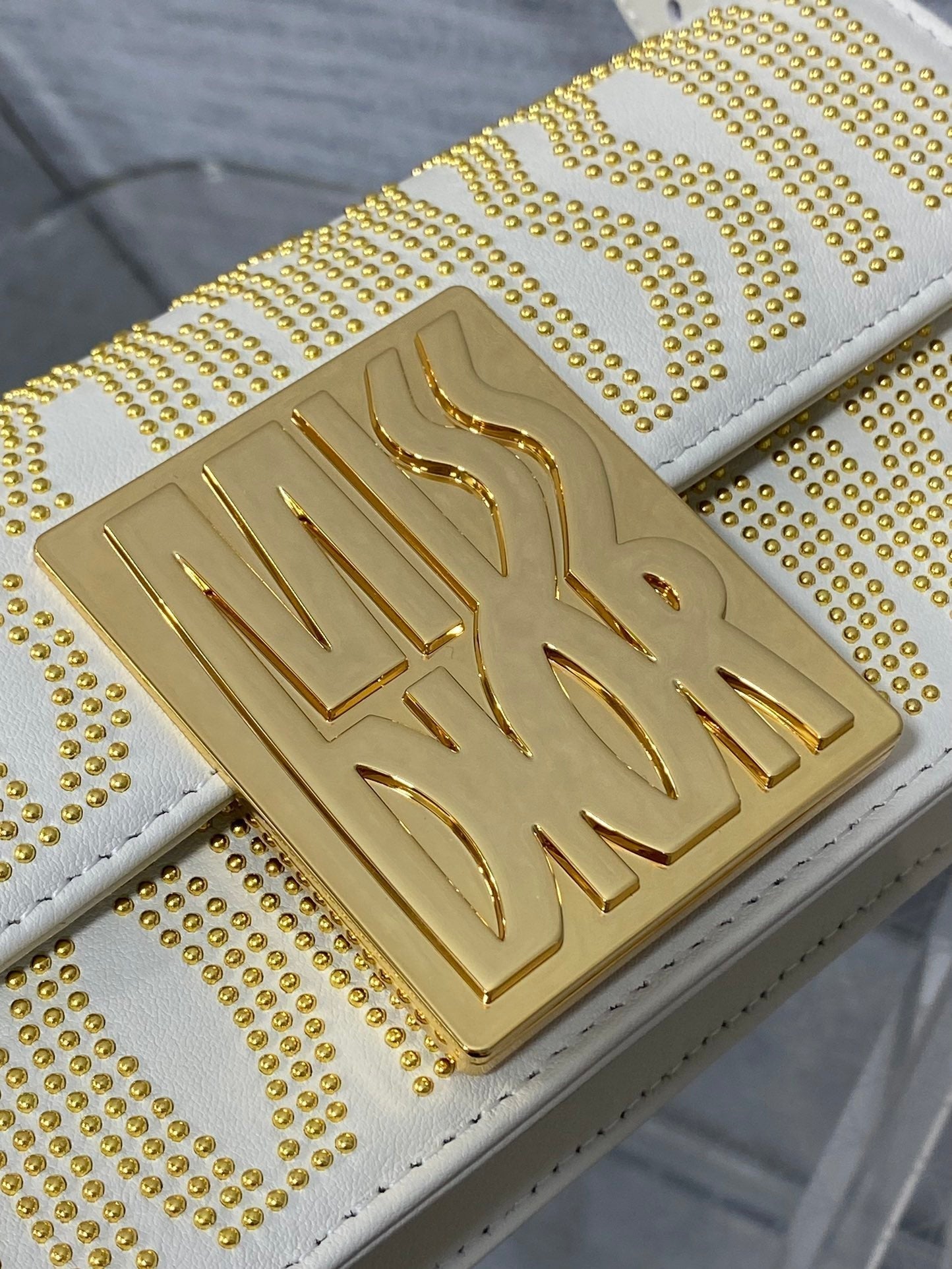 DIOR MINI 18 FLAP BAG IN WHITE LAMBSKIN WITH GOLD RHINSTONES