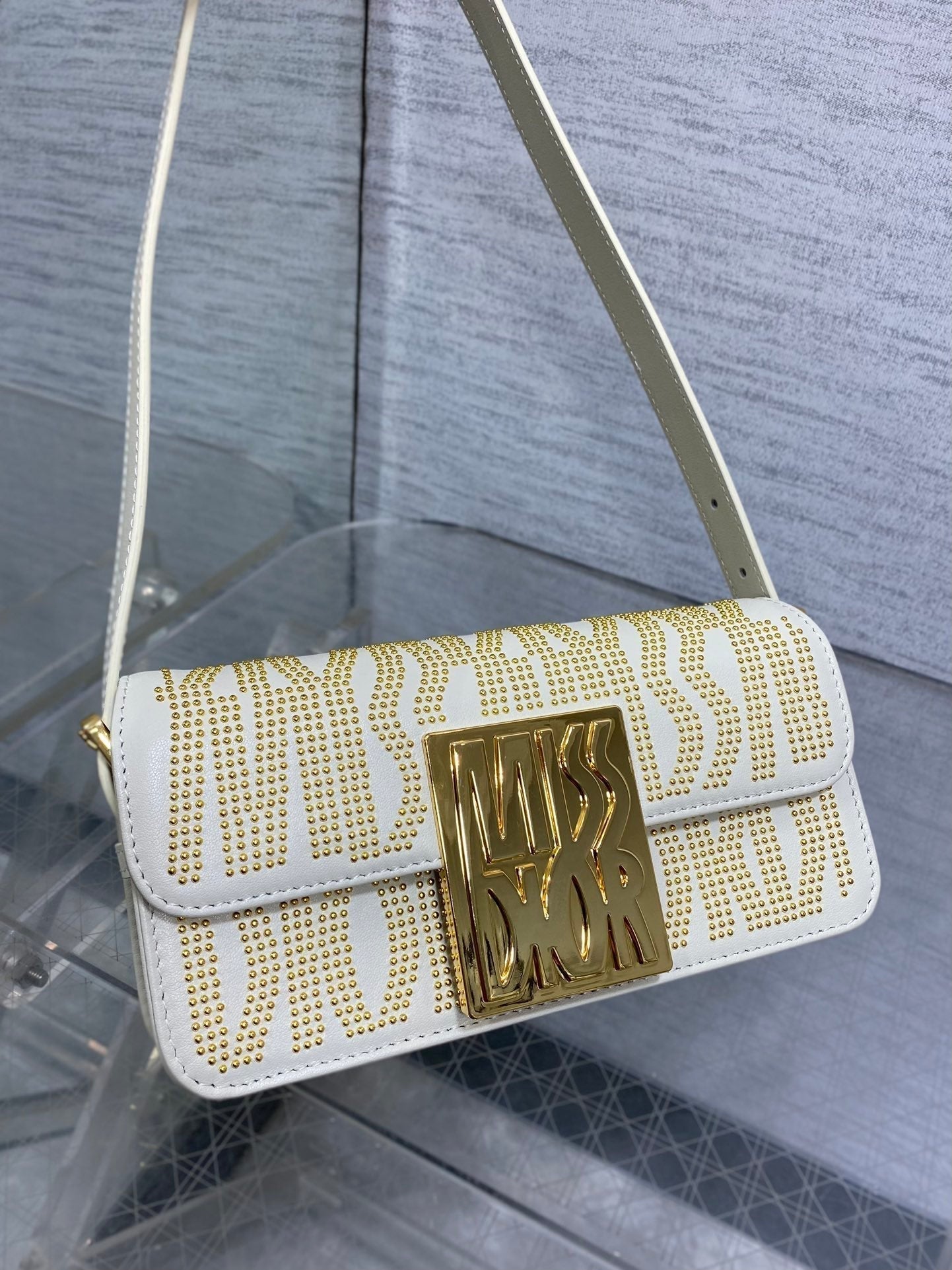DIOR MINI 18 FLAP BAG IN WHITE LAMBSKIN WITH GOLD RHINSTONES