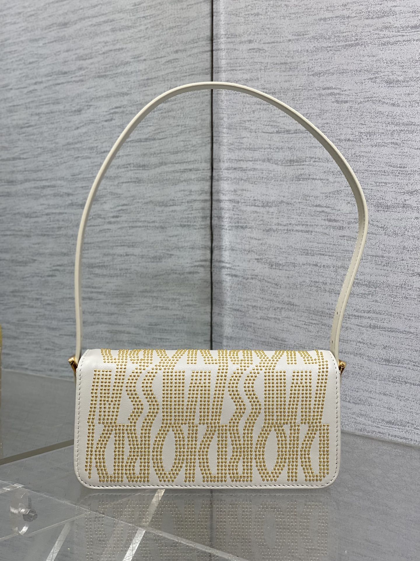 DIOR MINI 18 FLAP BAG IN WHITE LAMBSKIN WITH GOLD RHINSTONES