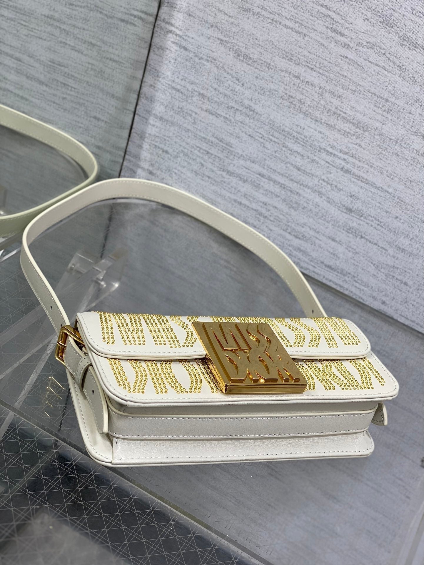 DIOR MINI 18 FLAP BAG IN WHITE LAMBSKIN WITH GOLD RHINSTONES
