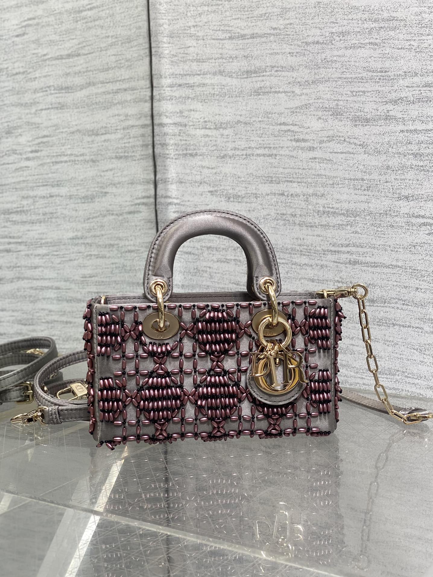 DIOR MINI LADY BAG 16 IN WENGE BROWN SATIN AND CALFSKIN WITH BEADED DESIGN