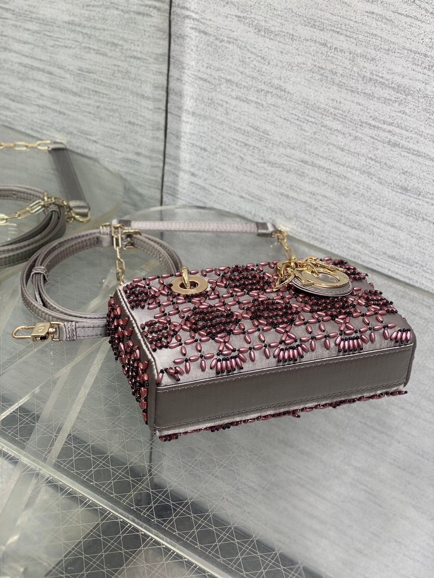 DIOR MINI LADY BAG 16 IN WENGE BROWN SATIN AND CALFSKIN WITH BEADED DESIGN