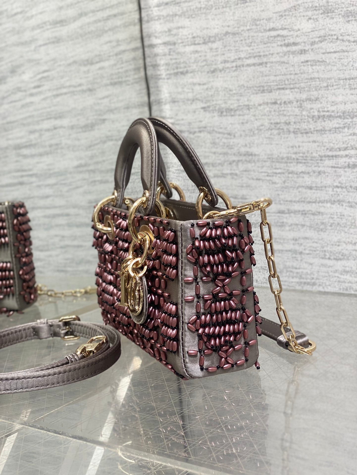 DIOR MINI LADY BAG 16 IN WENGE BROWN SATIN AND CALFSKIN WITH BEADED DESIGN