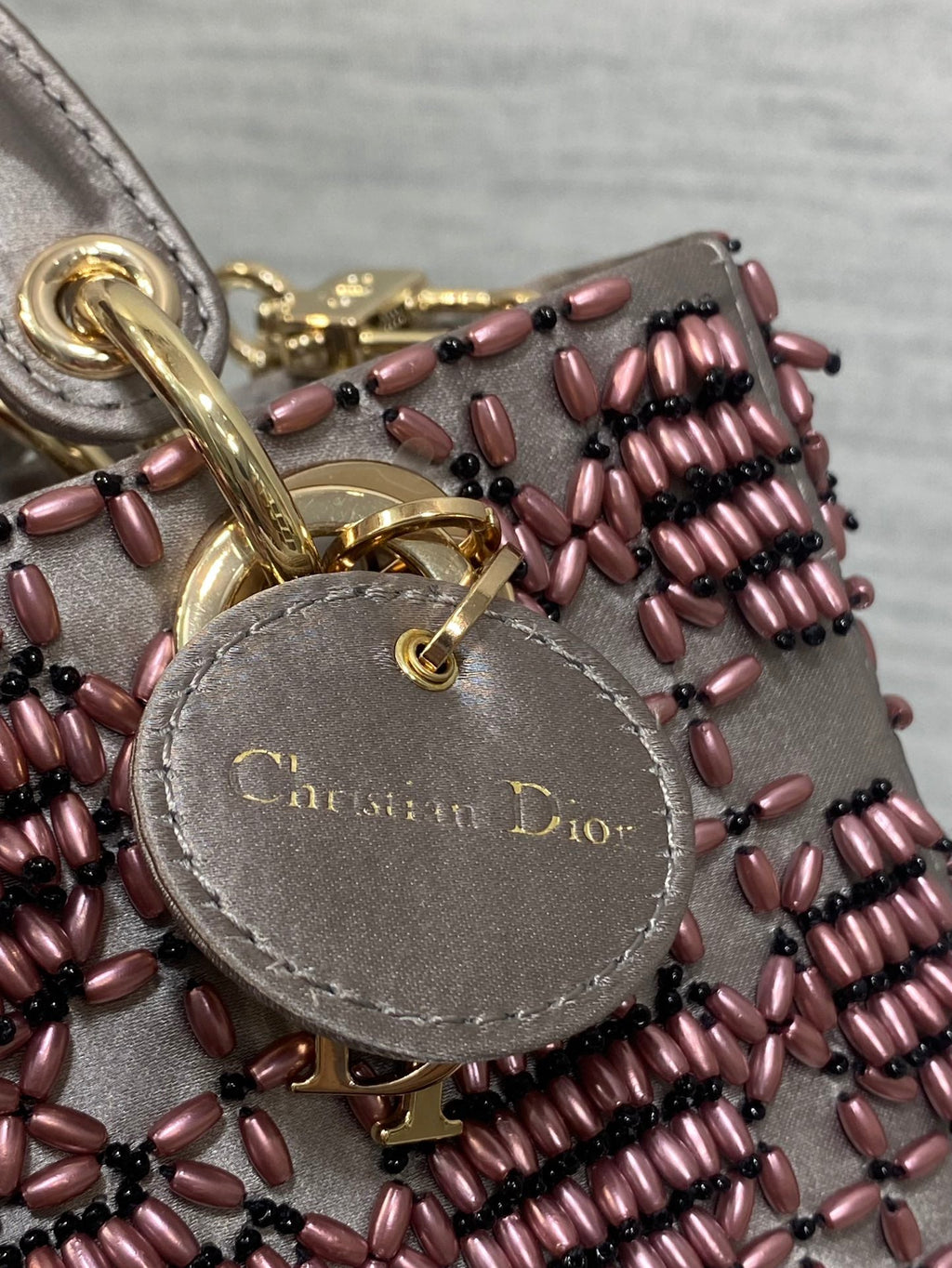 DIOR MINI LADY BAG 16 IN WENGE BROWN SATIN AND CALFSKIN WITH BEADED DESIGN