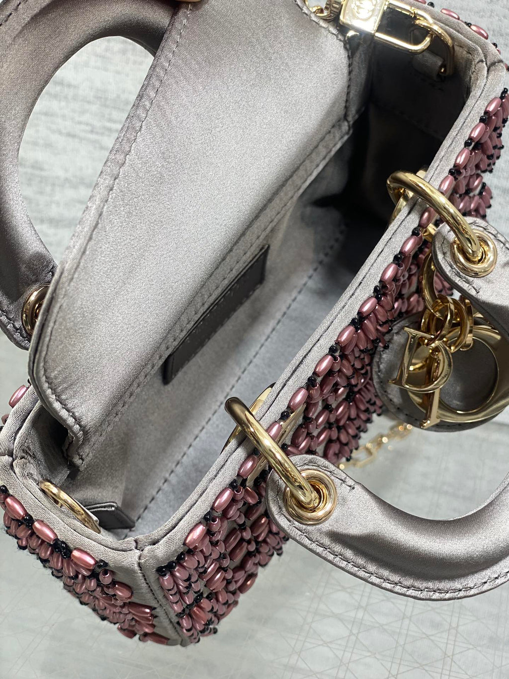DIOR MINI LADY BAG 16 IN WENGE BROWN SATIN AND CALFSKIN WITH BEADED DESIGN