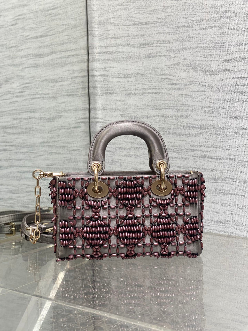 DIOR MINI LADY BAG 16 IN WENGE BROWN SATIN AND CALFSKIN WITH BEADED DESIGN