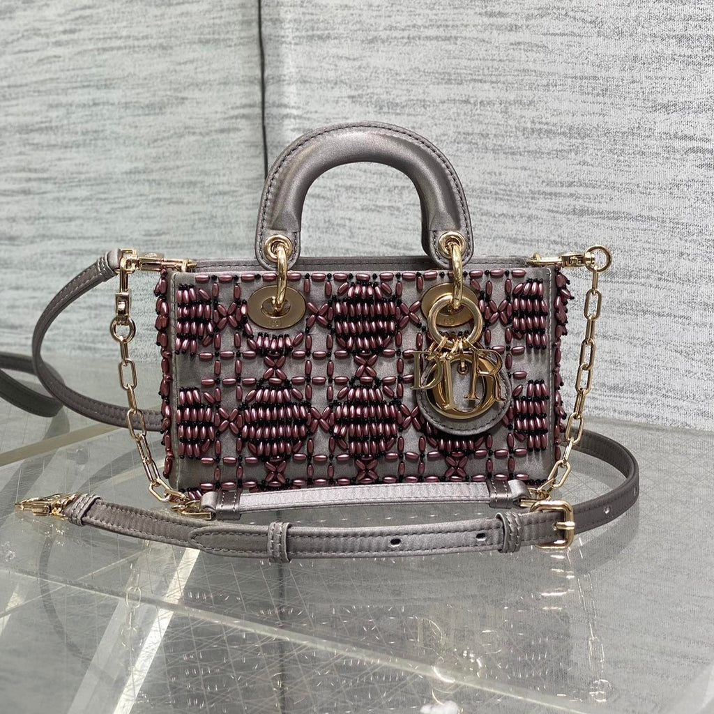 DIOR MINI LADY BAG 16 IN WENGE BROWN SATIN AND CALFSKIN WITH BEADED DESIGN