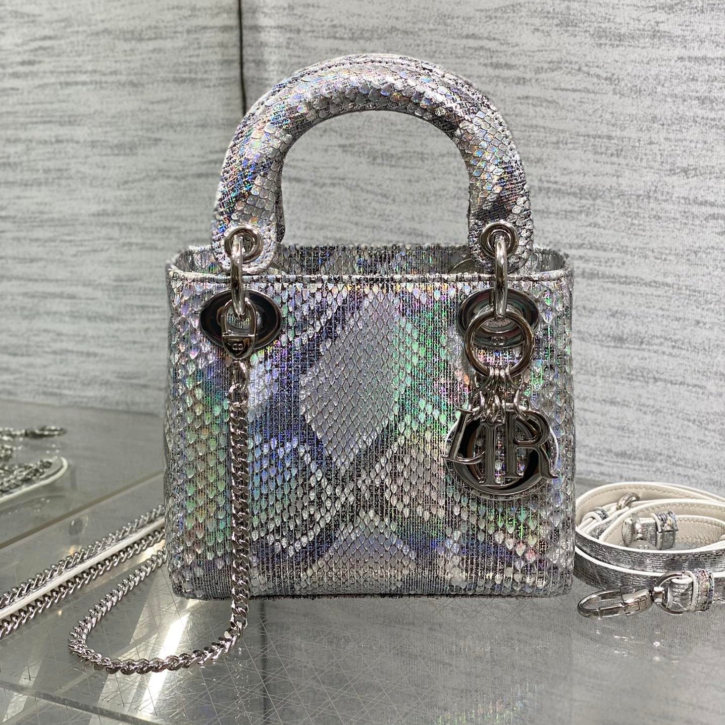 DIOR MINI 17 LADY BAG IN SILVER SNAKESKIN PATTERN LAMBSKIN
