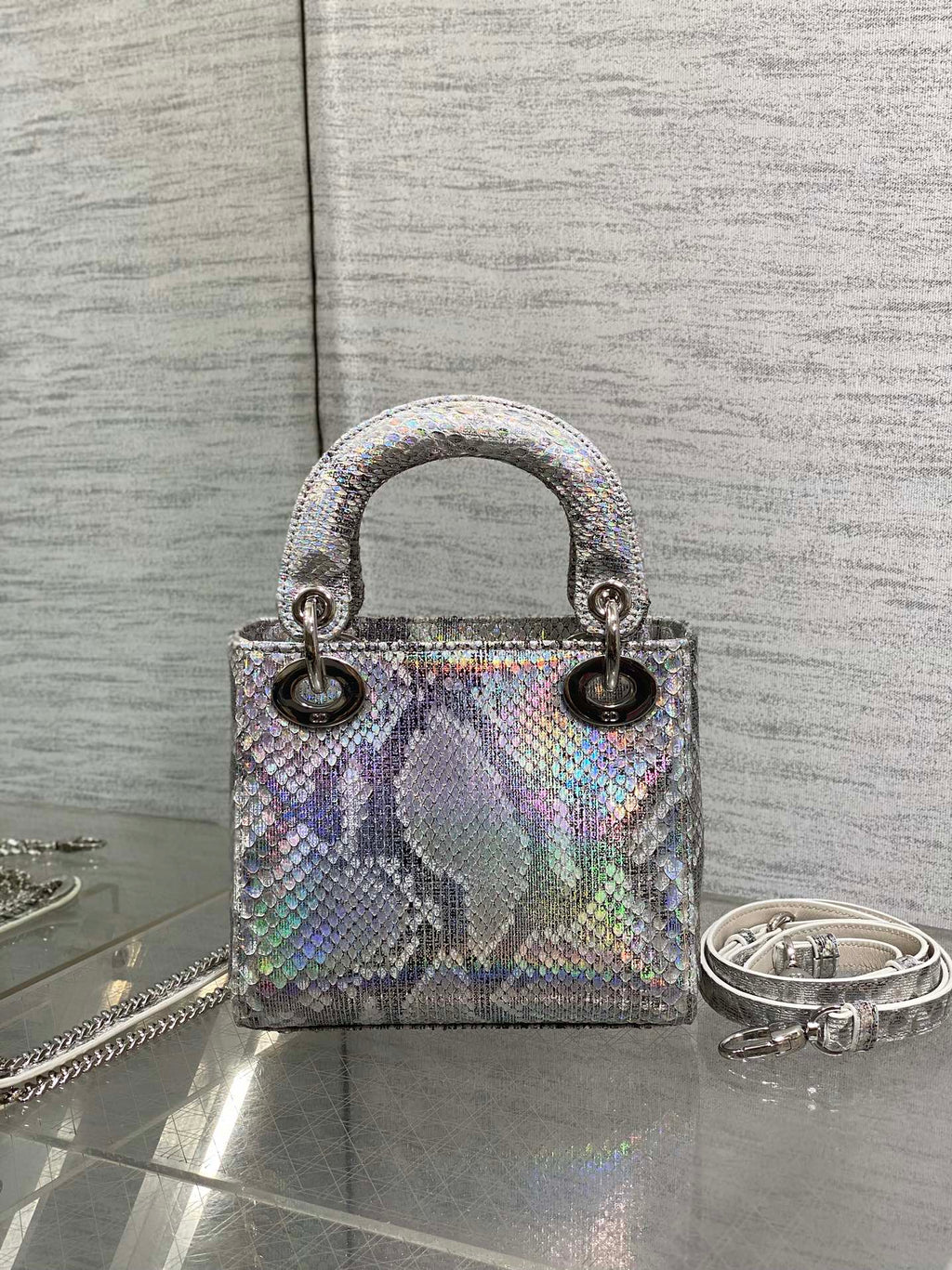 DIOR MINI 17 LADY BAG IN SILVER SNAKESKIN PATTERN LAMBSKIN