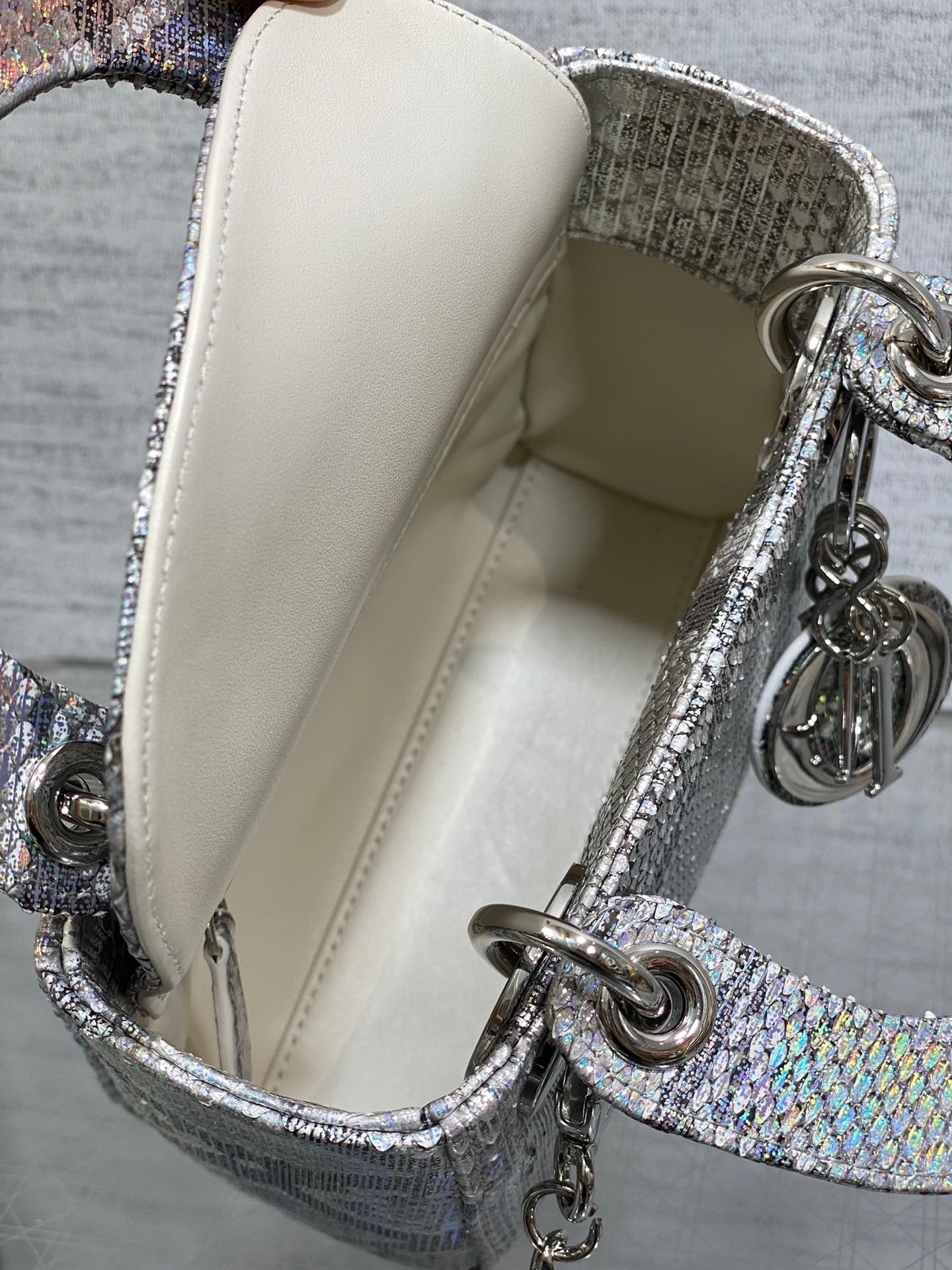 DIOR MINI 17 LADY BAG IN SILVER SNAKESKIN PATTERN LAMBSKIN