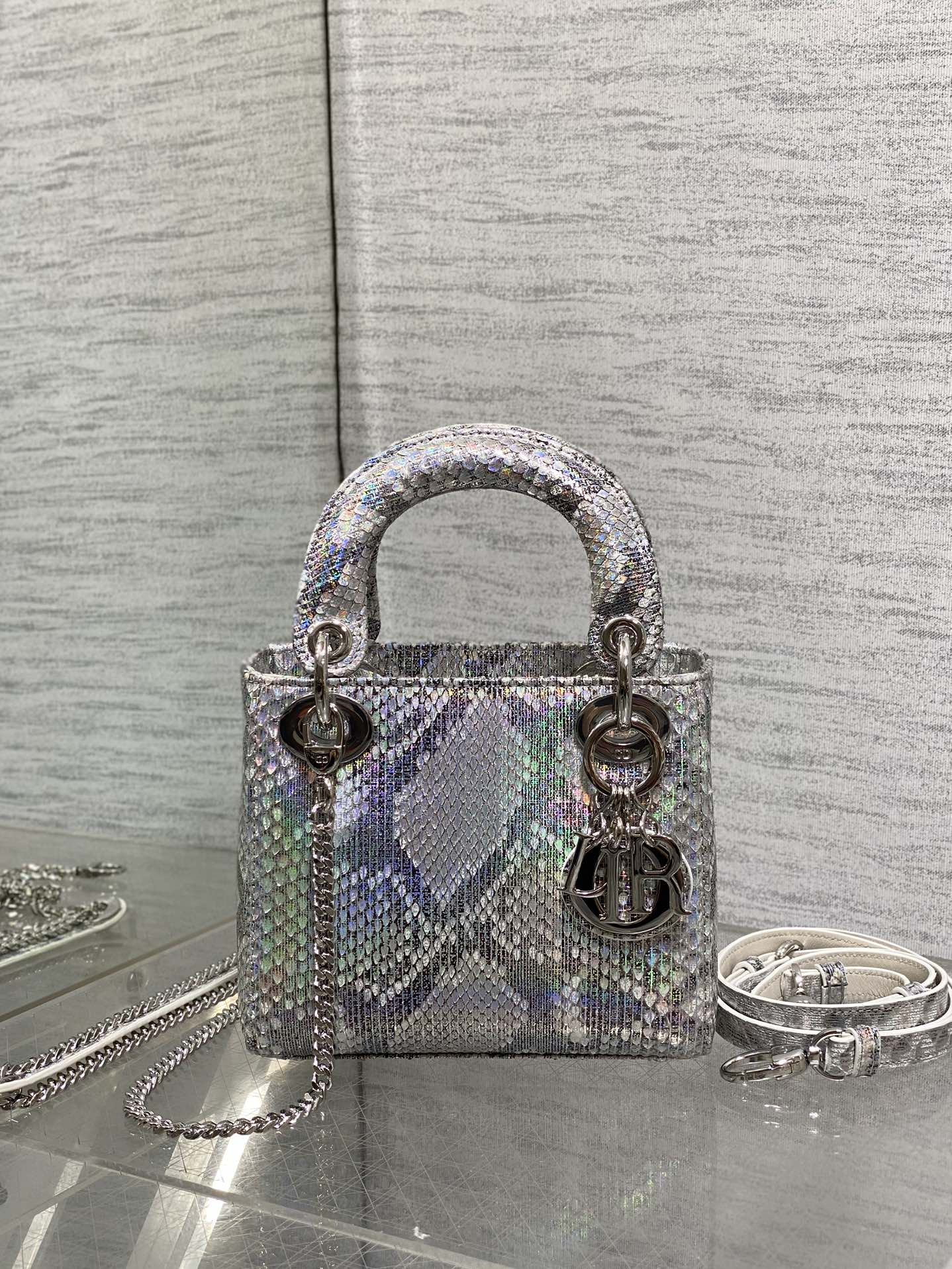 DIOR MINI 17 LADY BAG IN SILVER SNAKESKIN PATTERN LAMBSKIN