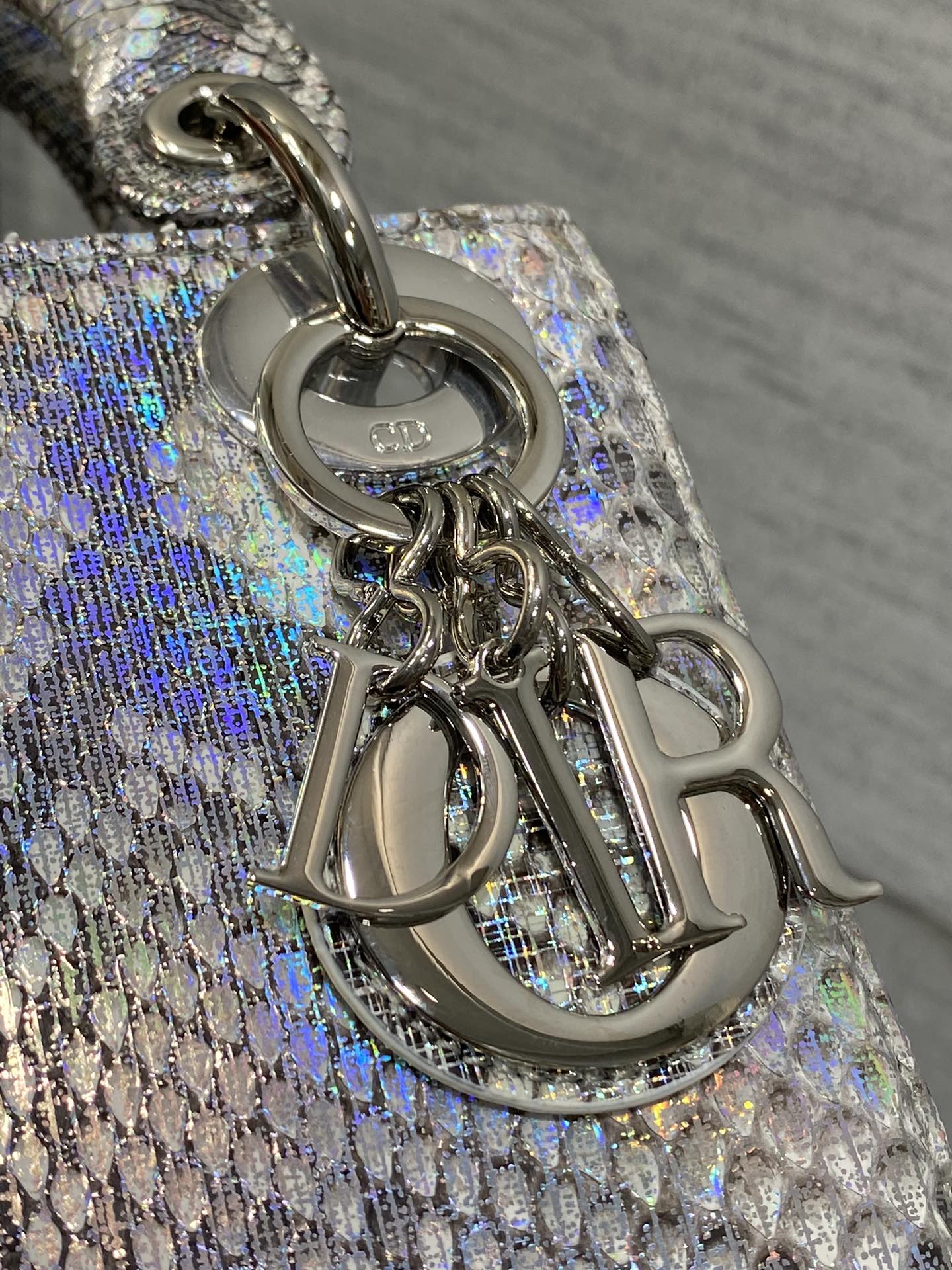 DIOR MINI 17 LADY BAG IN SILVER SNAKESKIN PATTERN LAMBSKIN