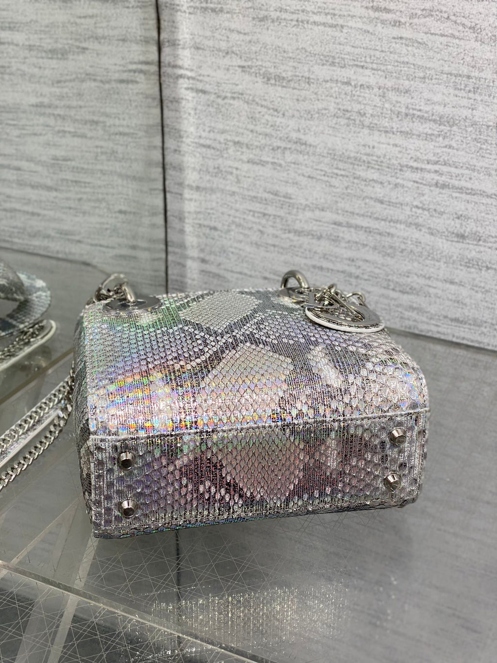 DIOR MINI 17 LADY BAG IN SILVER SNAKESKIN PATTERN LAMBSKIN