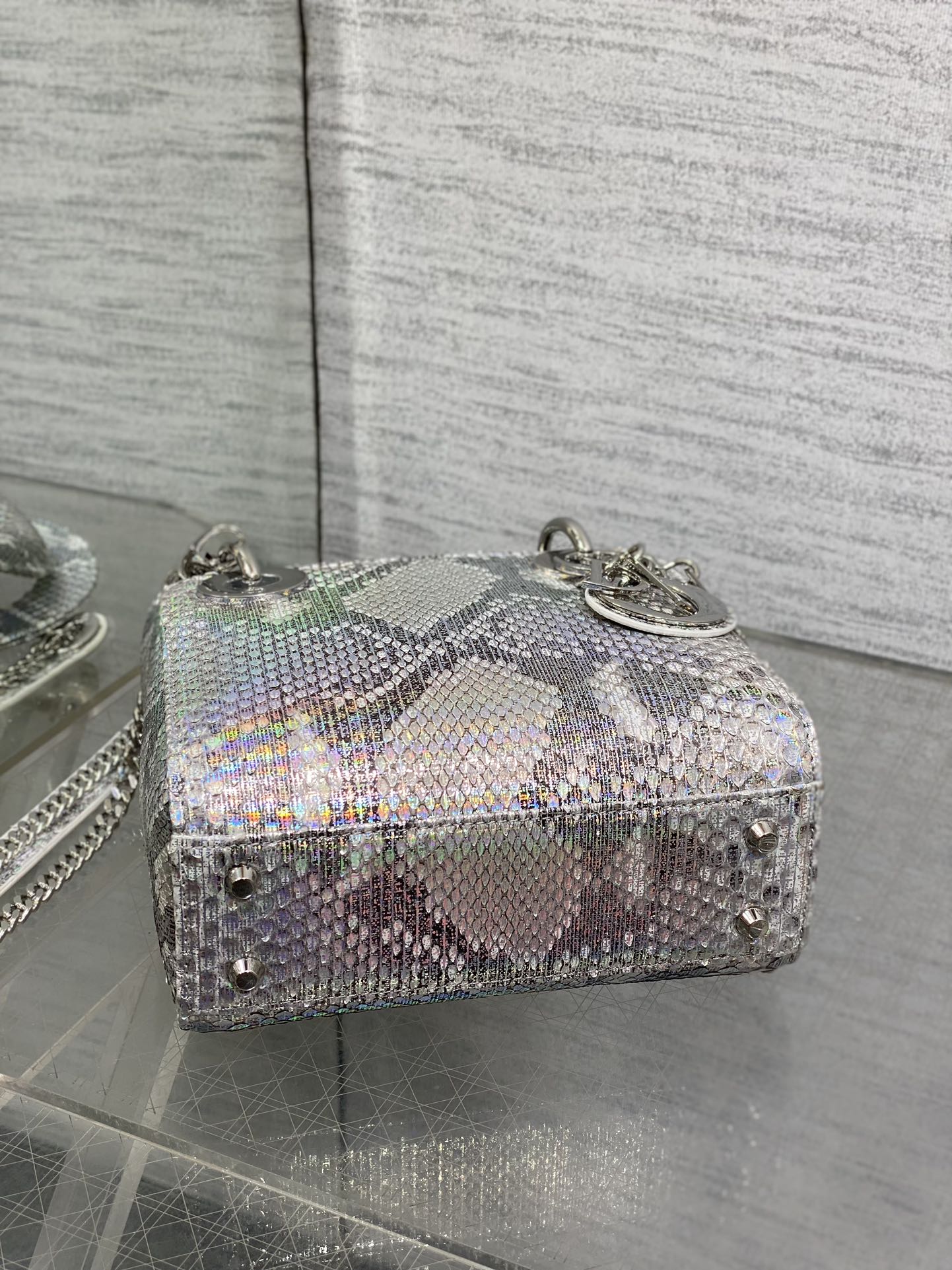 DIOR MINI 17 LADY BAG IN SILVER SNAKESKIN PATTERN LAMBSKIN
