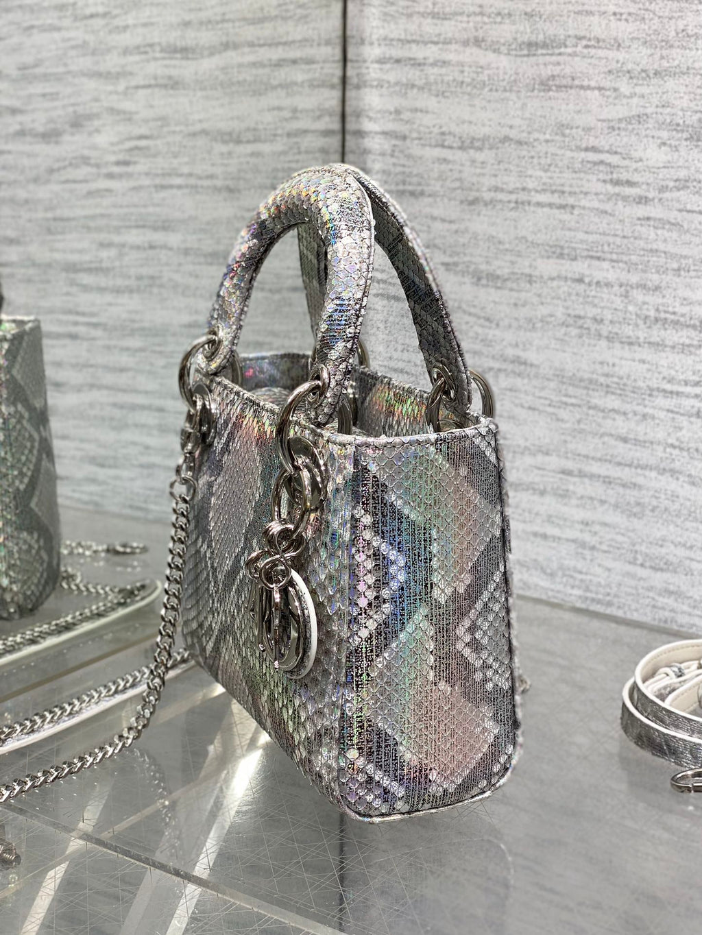 DIOR MINI 17 LADY BAG IN SILVER SNAKESKIN PATTERN LAMBSKIN